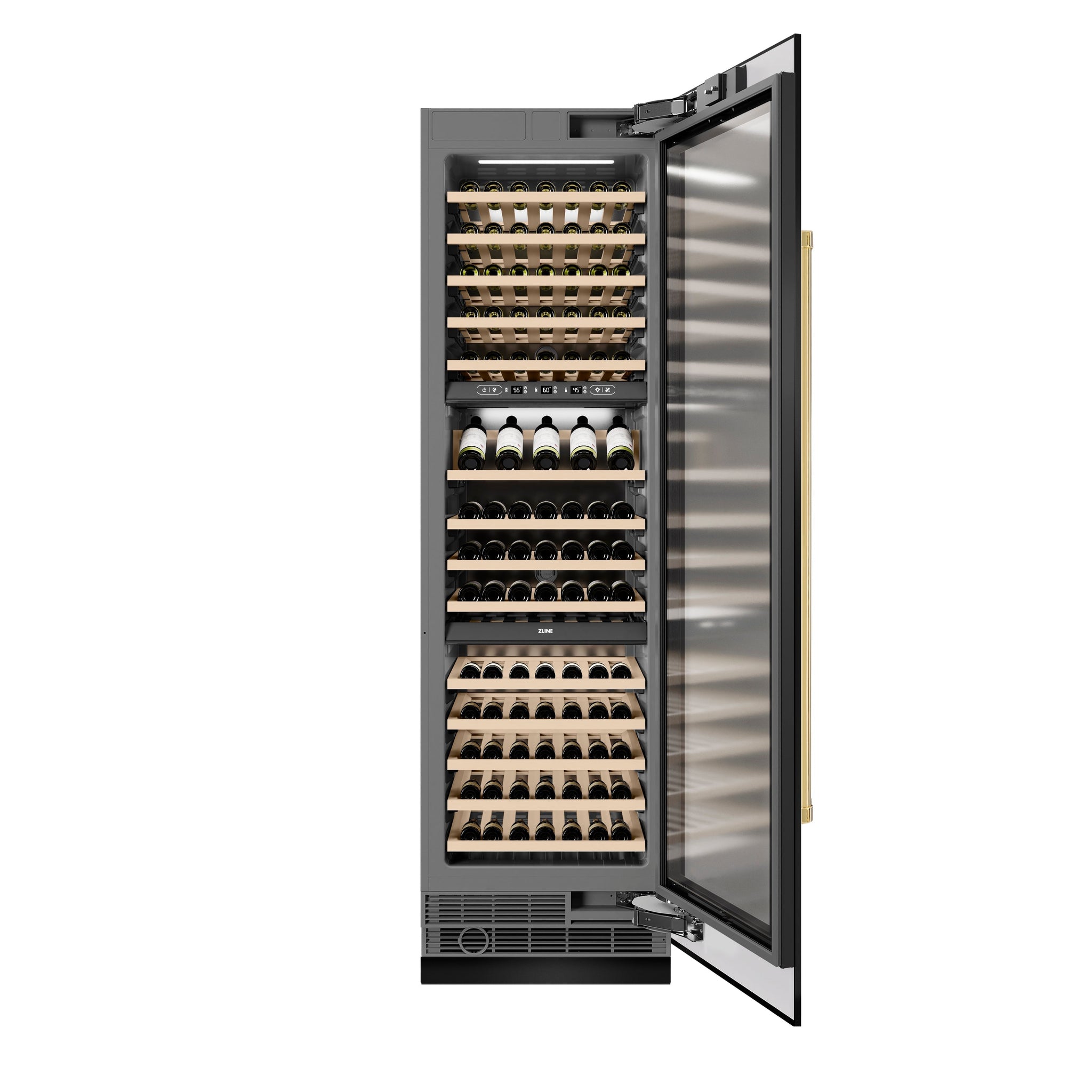 ZLINE Autograph Edition 24 in. 12.4 cu. ft. Triple Zone 100 Bottle Column Wine Cooler in Black Stainless Steel and Polished Gold Accents (RCWVZ-BS-24-G)