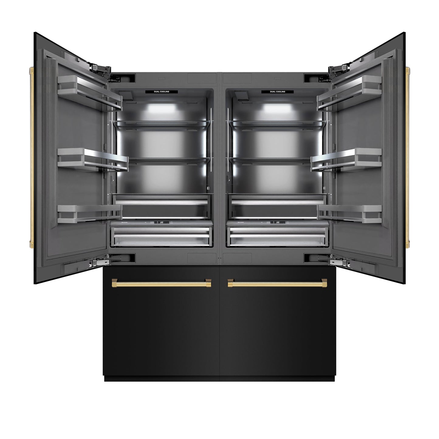 ZLINE Autograph Edition 60 in. 32.2 cu. ft. French Door Built-In Bottom Freezer Refrigerator with Water Dispenser and Ice Maker in Black Stainless Steel with Graphite Gray Interior and Polished Gold Accents (GRBIVZ-BS-60-G)