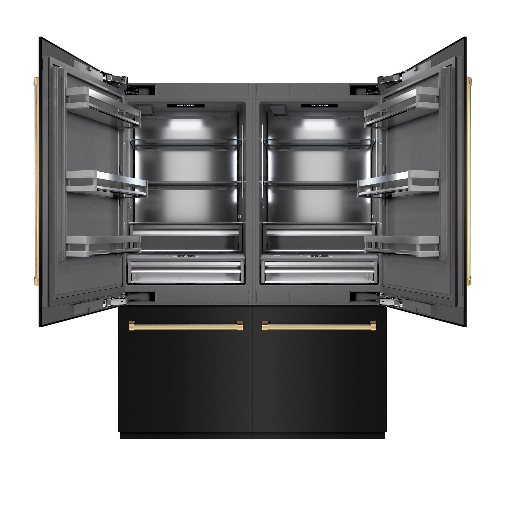 ZLINE Autograph Edition 60 in. 32.2 cu. ft. French Door Built-In Bottom Freezer Refrigerator with Water Dispenser and Ice Maker in Black Stainless Steel with Graphite Gray Interior and Polished Gold Accents (GRBIVZ-BS-60-G)