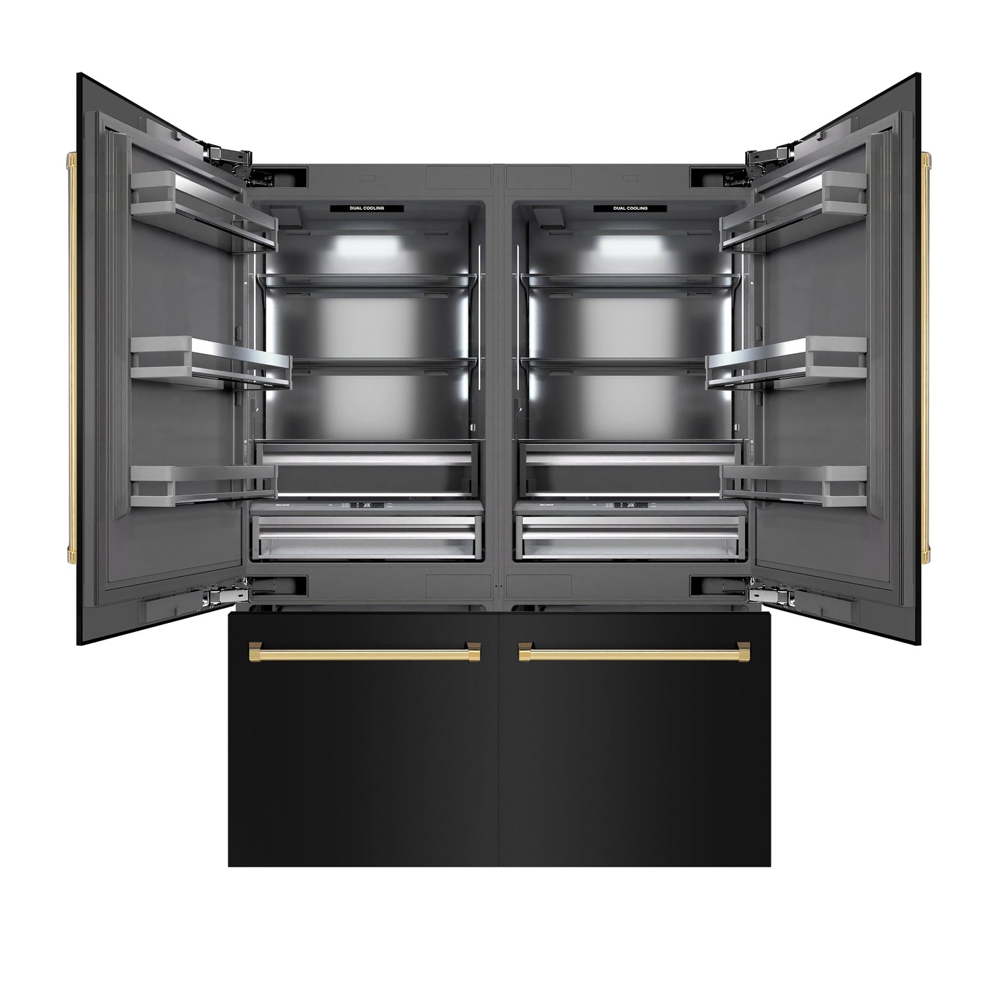 ZLINE Autograph Edition 60 in. 32.2 cu. ft. French Door Built-In Bottom Freezer Refrigerator with Water Dispenser and Ice Maker in Black Stainless Steel with Graphite Gray Interior and Polished Gold Accents (GRBIVZ-BS-60-G)