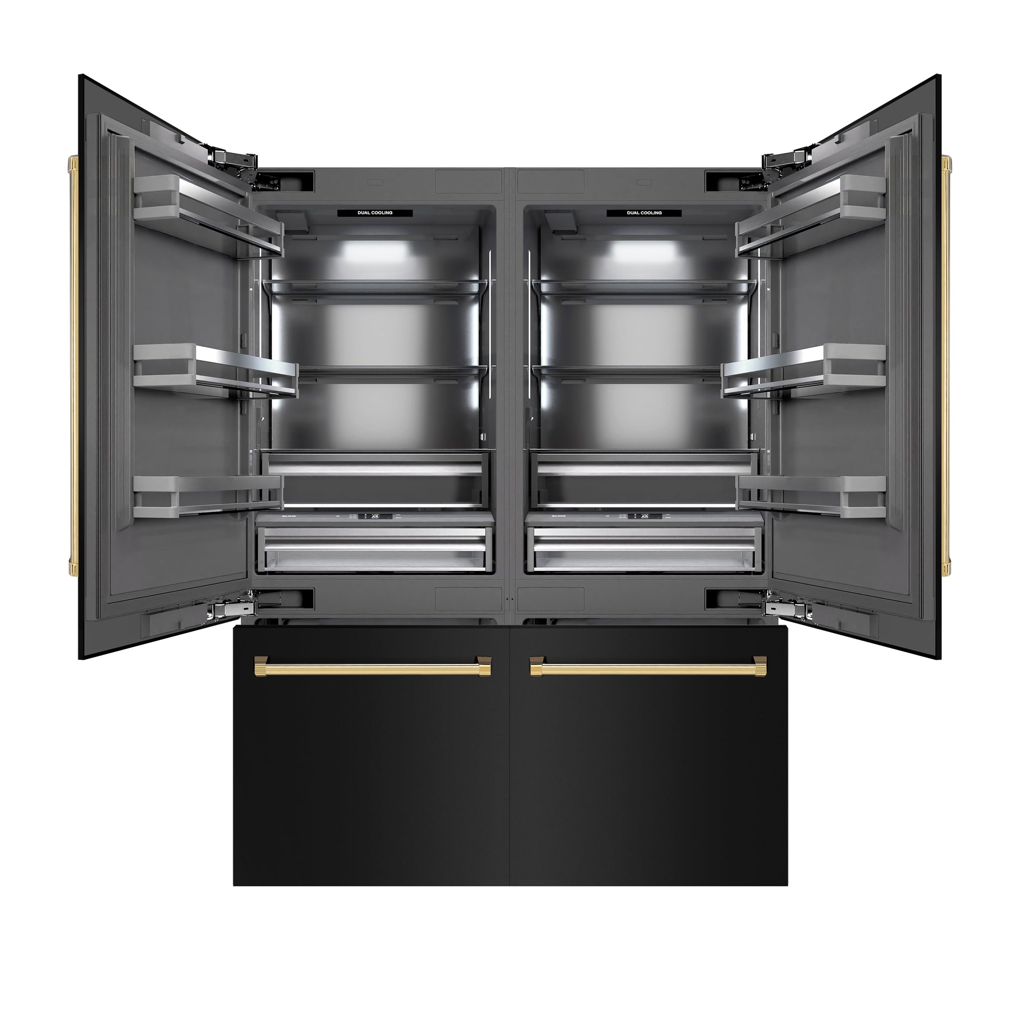 ZLINE Autograph Edition 60 in. 32.2 cu. ft. French Door Built-In Bottom Freezer Refrigerator with Water Dispenser and Ice Maker in Black Stainless Steel with Graphite Gray Interior and Polished Gold Accents (GRBIVZ-BS-60-G)