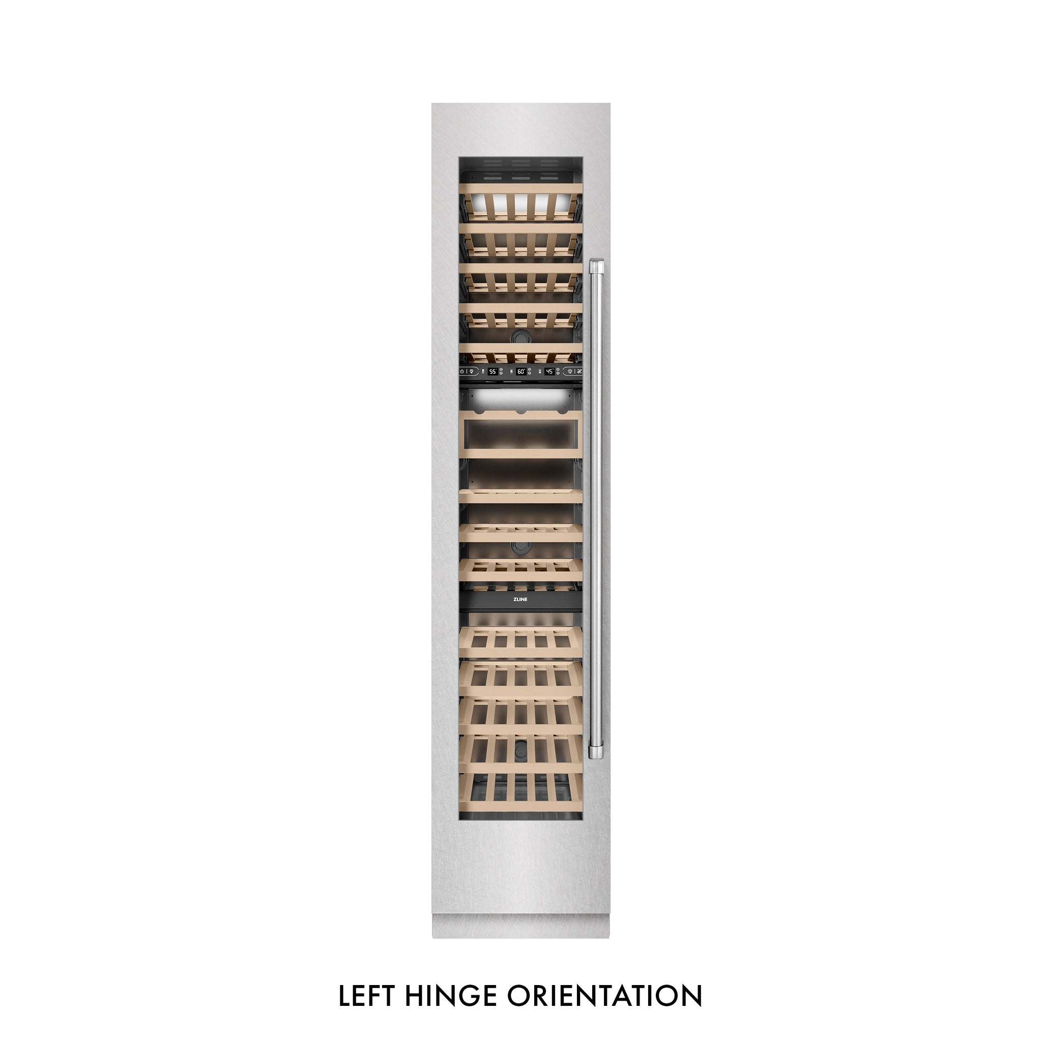ZLINE 18 in. 9.0 cu. ft. Triple Zone 68 Bottle Left Hinge Column Wine Cooler in Satin Stainless Steel (RCWVL-SN-18)