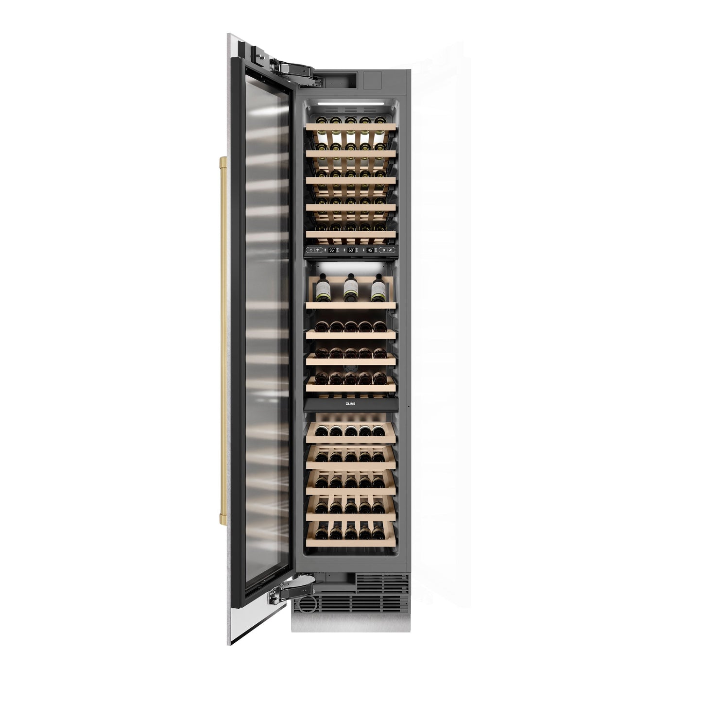 ZLINE Autograph Edition 18 in. 9.0 cu. ft. Triple Zone 68 Bottle Left Hinge Column Wine Cooler in Satin Stainless Steel with Champagne Bronze Accents (RCWVLZ-SN-18-CB)