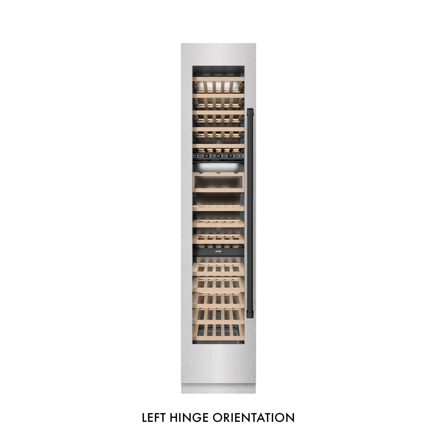 ZLINE Autograph Edition 18 in. 9.0 cu. ft. Triple Zone 68 Bottle Left Hinge Column Wine Cooler in Satin Stainless Steel with Matte Black Accents (RCWVLZ-SN-18-MB)