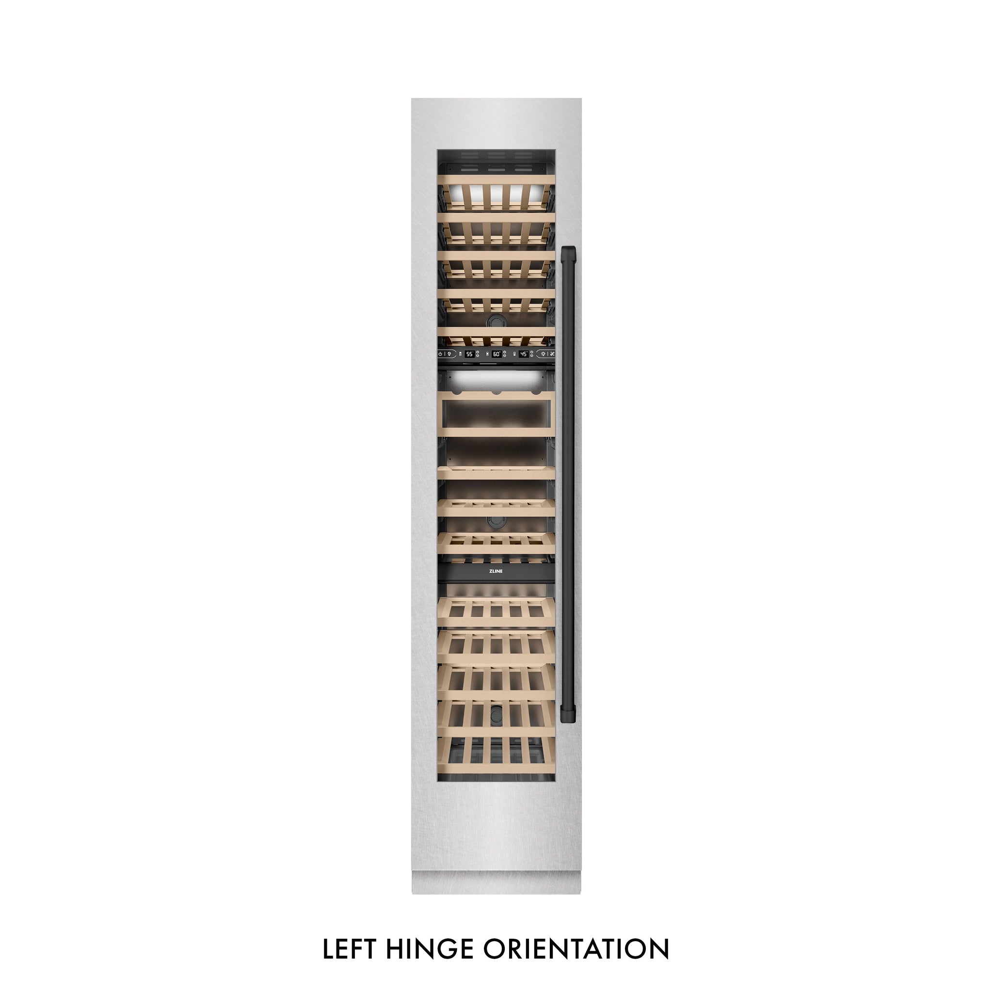 ZLINE Autograph Edition 18 in. 9.0 cu. ft. Triple Zone 68 Bottle Left Hinge Column Wine Cooler in Satin Stainless Steel with Matte Black Accents (RCWVLZ-SN-18-MB)