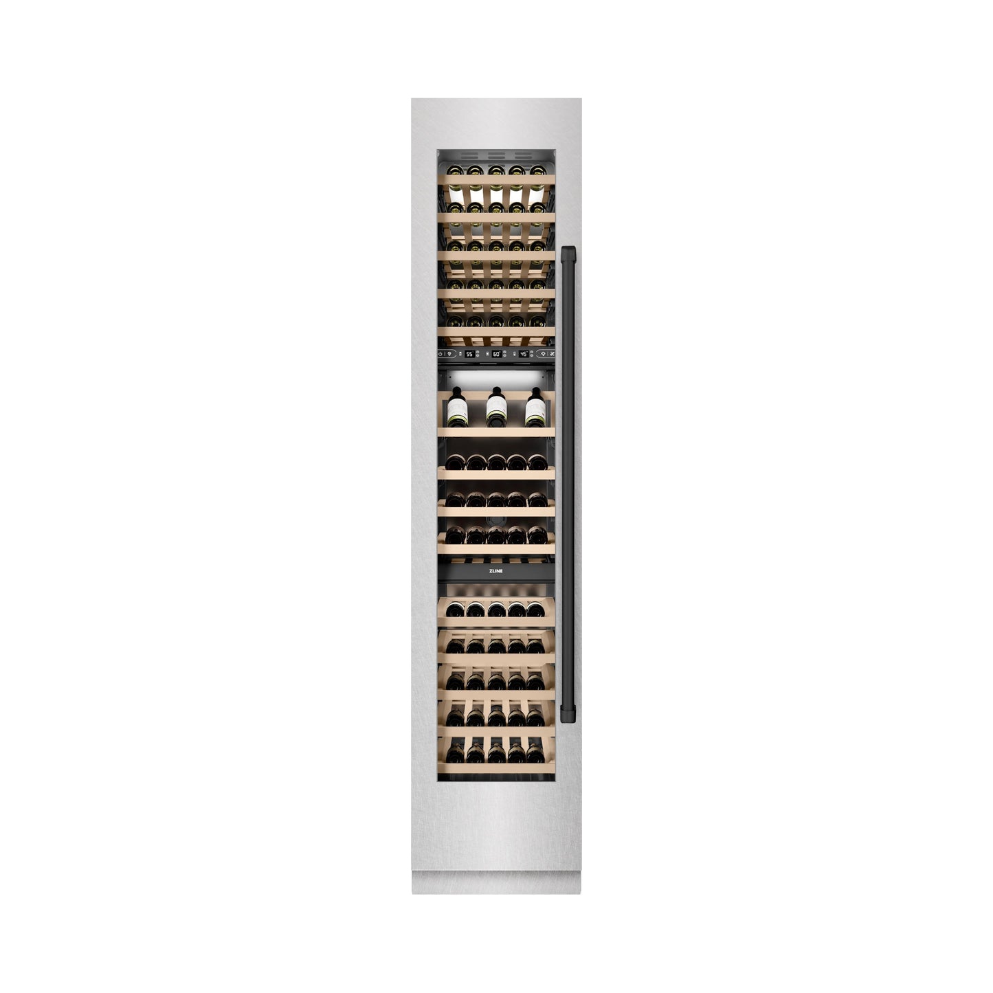 ZLINE Autograph Edition 18 in. 9.0 cu. ft. Triple Zone 68 Bottle Left Hinge Column Wine Cooler in Satin Stainless Steel with Matte Black Accents (RCWVLZ-SN-18-MB)