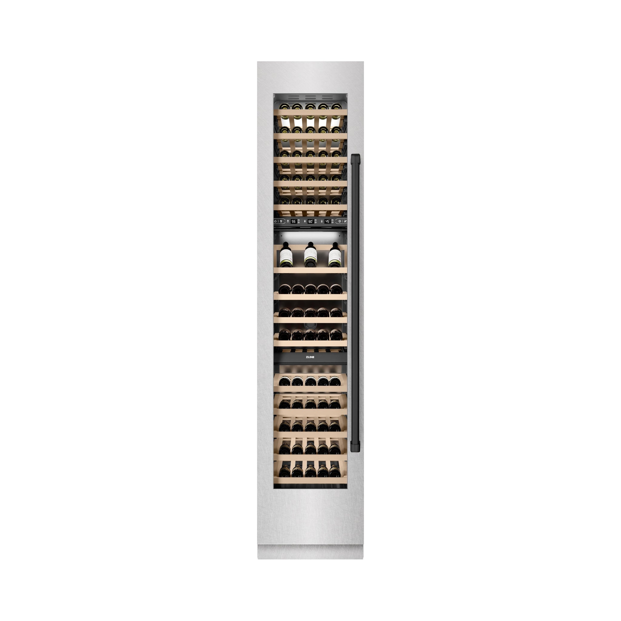 ZLINE Autograph Edition 18 in. 9.0 cu. ft. Triple Zone 68 Bottle Left Hinge Column Wine Cooler in Satin Stainless Steel with Matte Black Accents (RCWVLZ-SN-18-MB)
