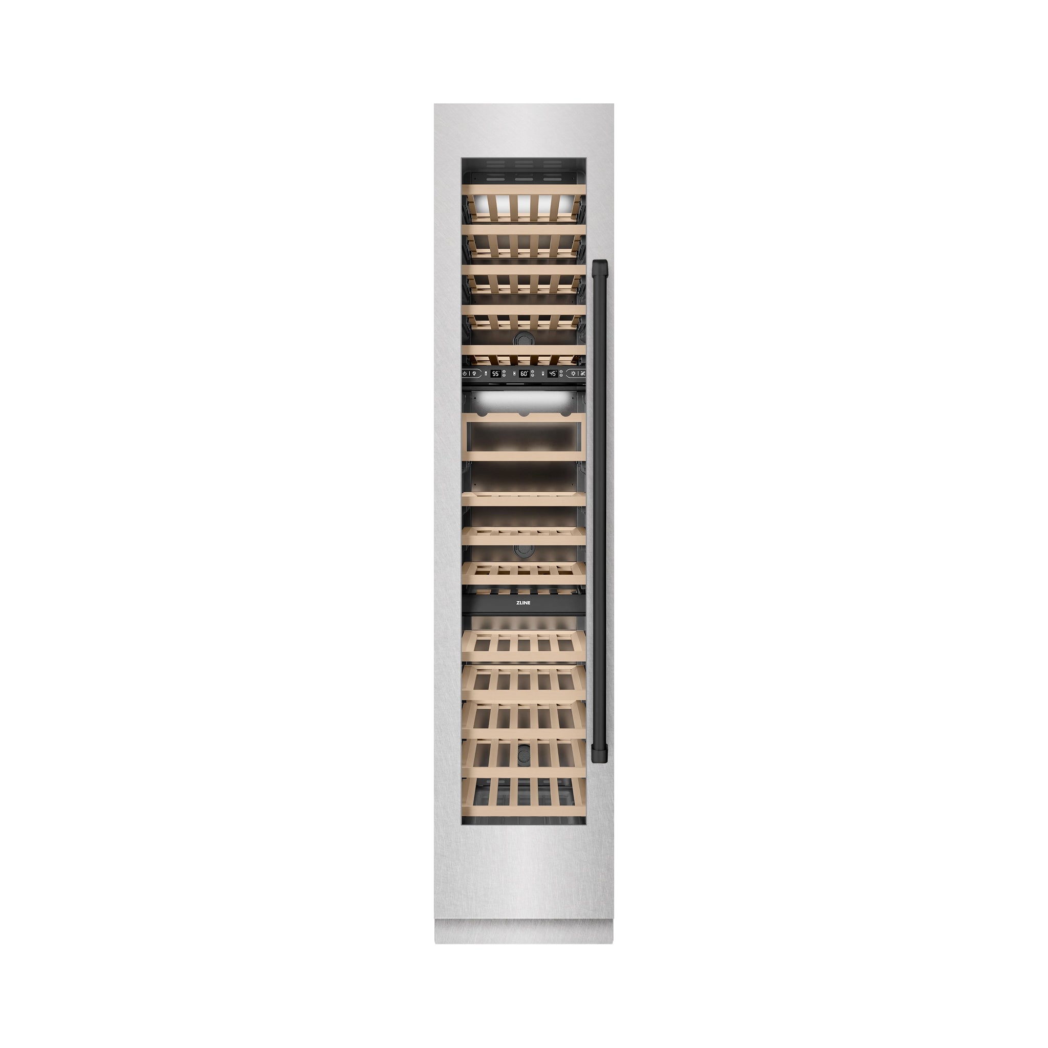 ZLINE Autograph Edition 18 in. 9.0 cu. ft. Triple Zone 68 Bottle Left Hinge Column Wine Cooler in Satin Stainless Steel with Matte Black Accents (RCWVLZ-SN-18-MB)