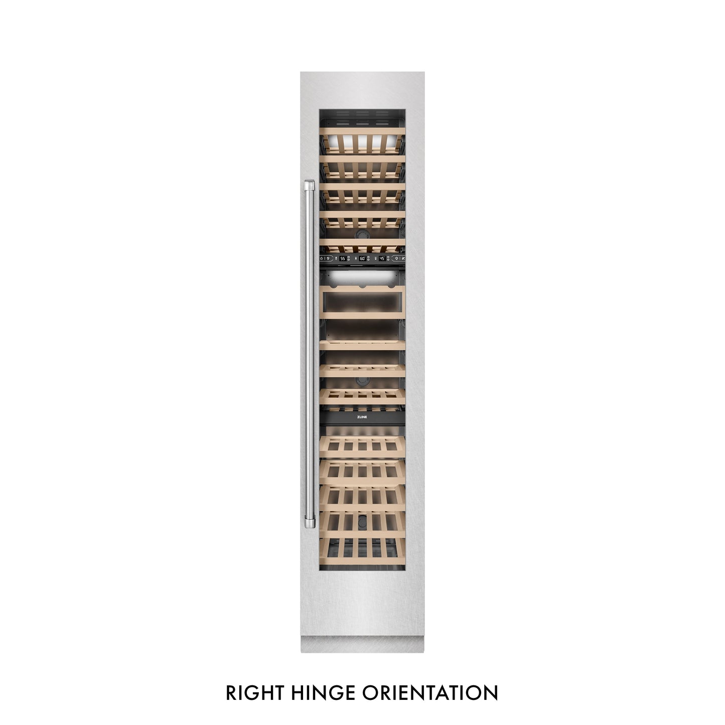 ZLINE 18 in. 9.0 cu. ft. Triple Zone 68 Bottle Right Hinge Column Wine Cooler in Satin Stainless Steel (RCWVR-SN-18)