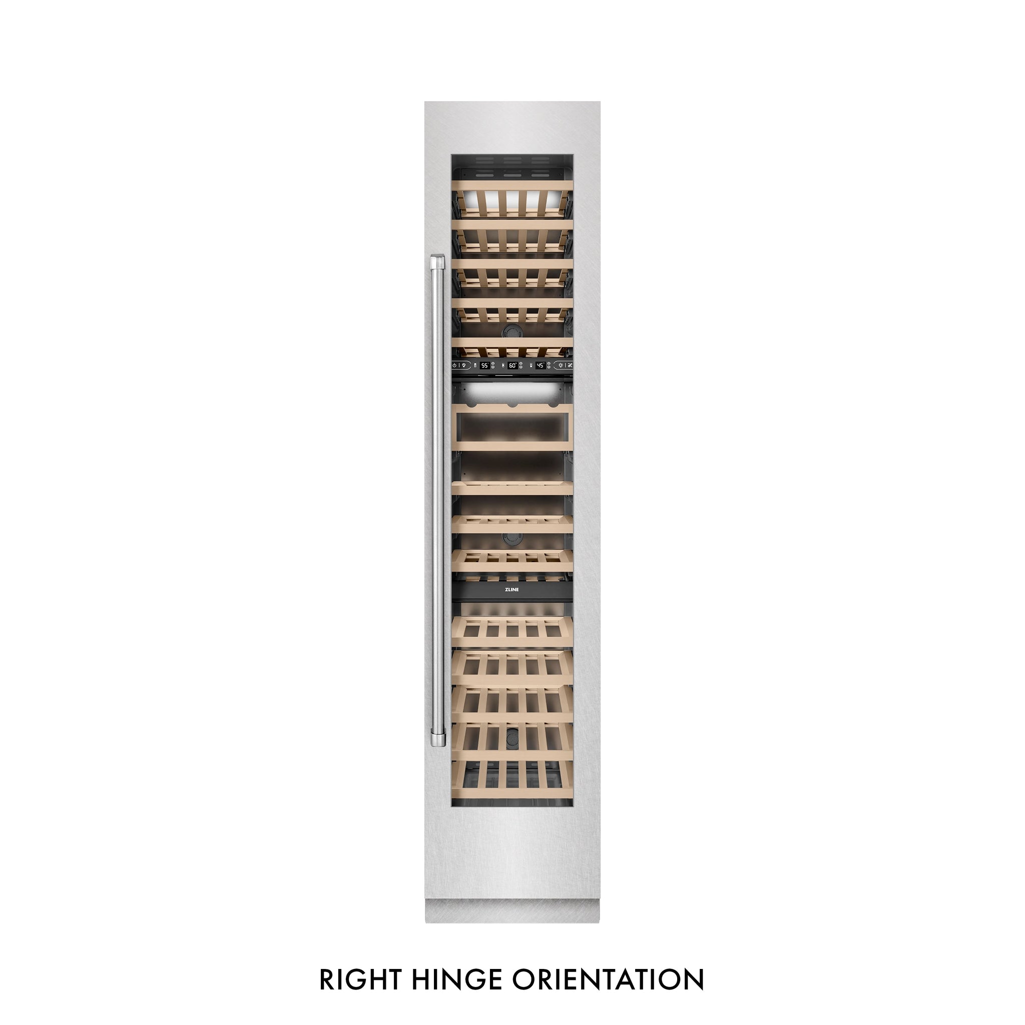 ZLINE 18 in. 9.0 cu. ft. Triple Zone 68 Bottle Right Hinge Column Wine Cooler in Satin Stainless Steel (RCWVR-SN-18)