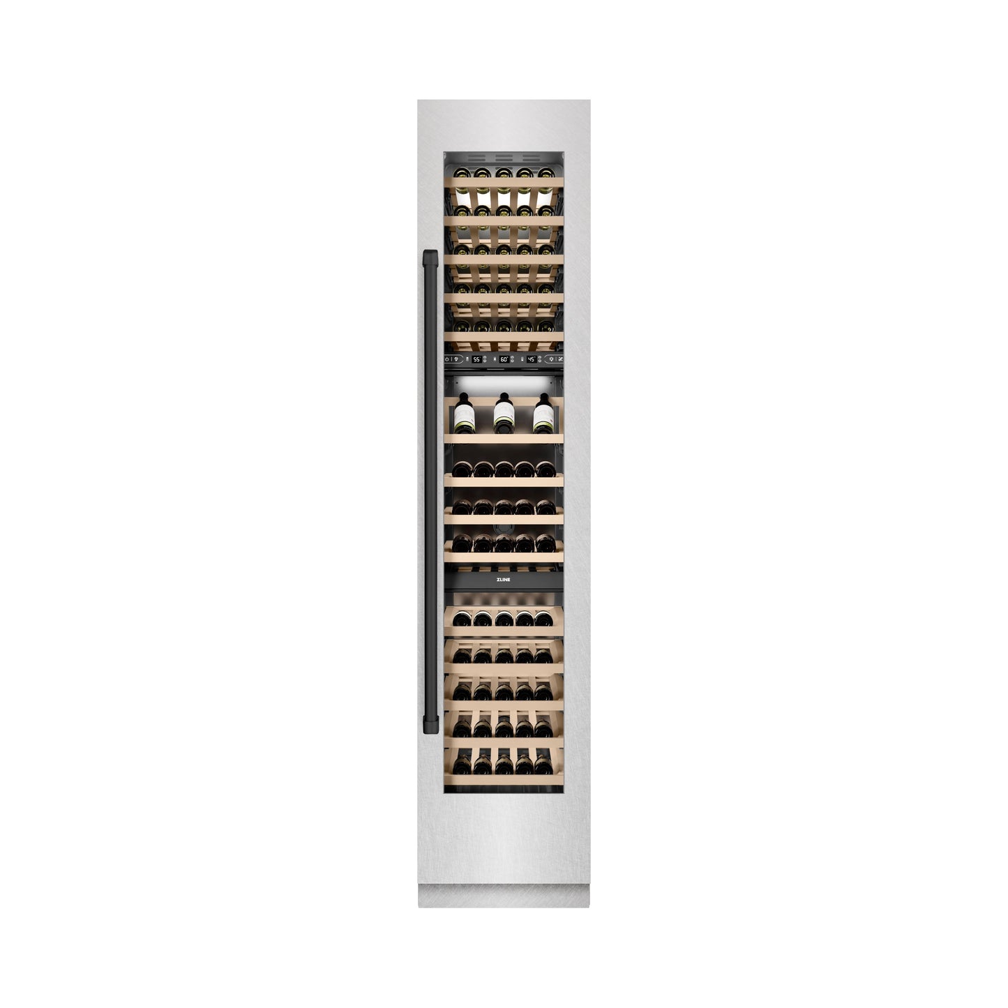 ZLINE Autograph Edition 18 in. 9.0 cu. ft. Triple Zone 68 Bottle Right Hinge Column Wine Cooler in Satin Stainless Steel with Matte Black Accents (RCWVRZ-SN-18-MB)