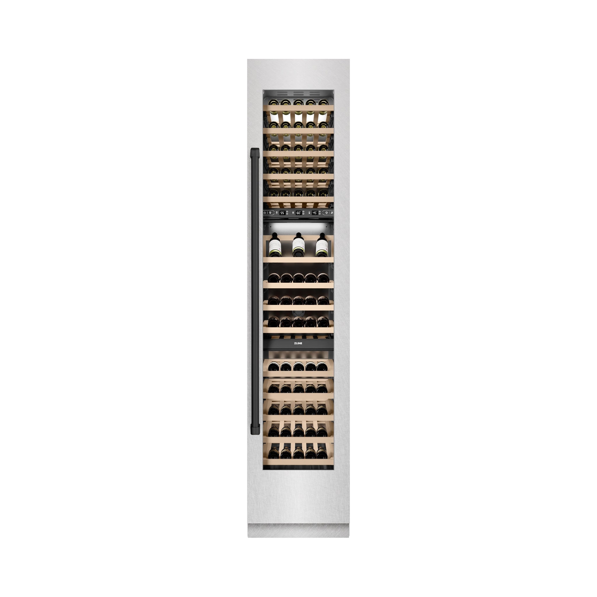 ZLINE Autograph Edition 18 in. 9.0 cu. ft. Triple Zone 68 Bottle Right Hinge Column Wine Cooler in Satin Stainless Steel with Matte Black Accents (RCWVRZ-SN-18-MB)