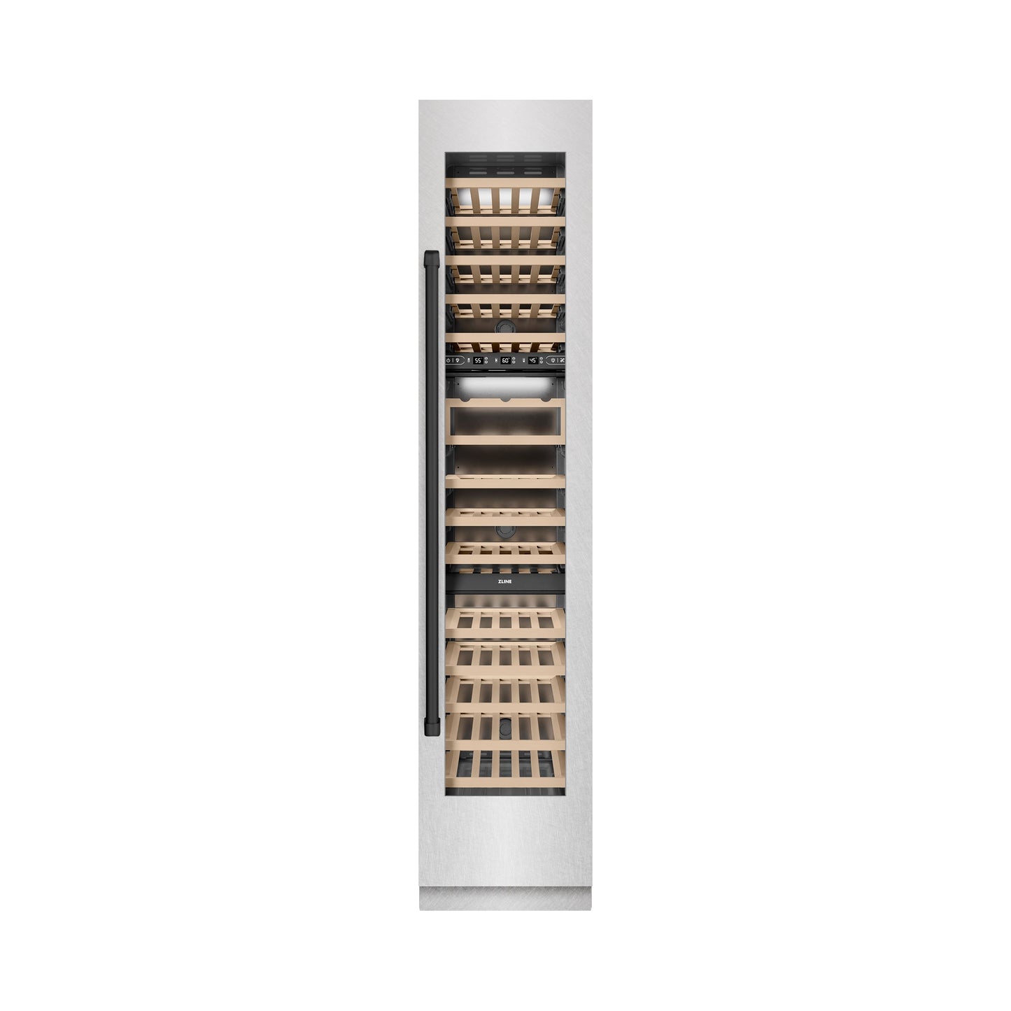 ZLINE Autograph Edition 18 in. 9.0 cu. ft. Triple Zone 68 Bottle Right Hinge Column Wine Cooler in Satin Stainless Steel with Matte Black Accents (RCWVRZ-SN-18-MB)