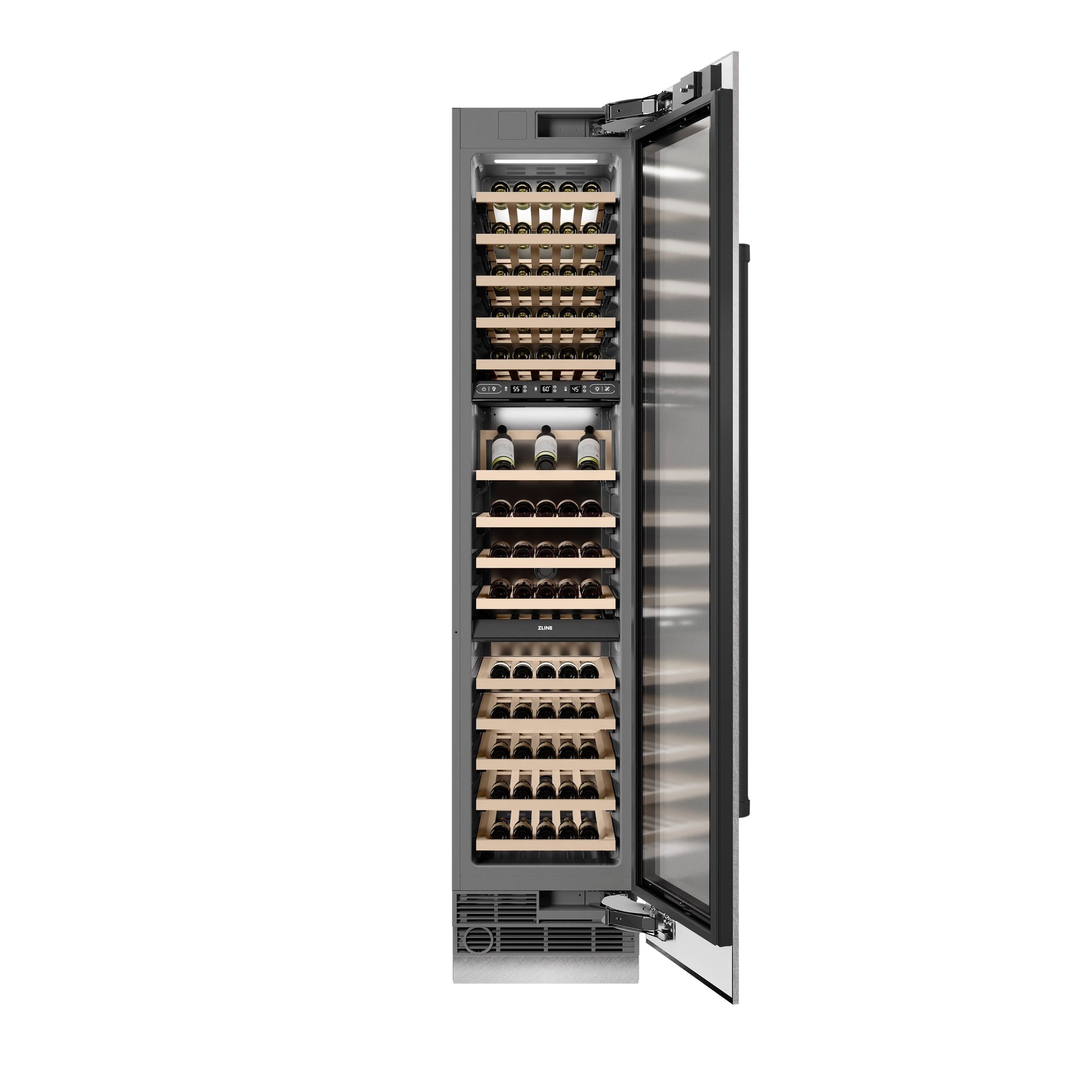 ZLINE Autograph Edition 18 in. 9.0 cu. ft. Triple Zone 68 Bottle Right Hinge Column Wine Cooler in Satin Stainless Steel with Matte Black Accents (RCWVRZ-SN-18-MB)