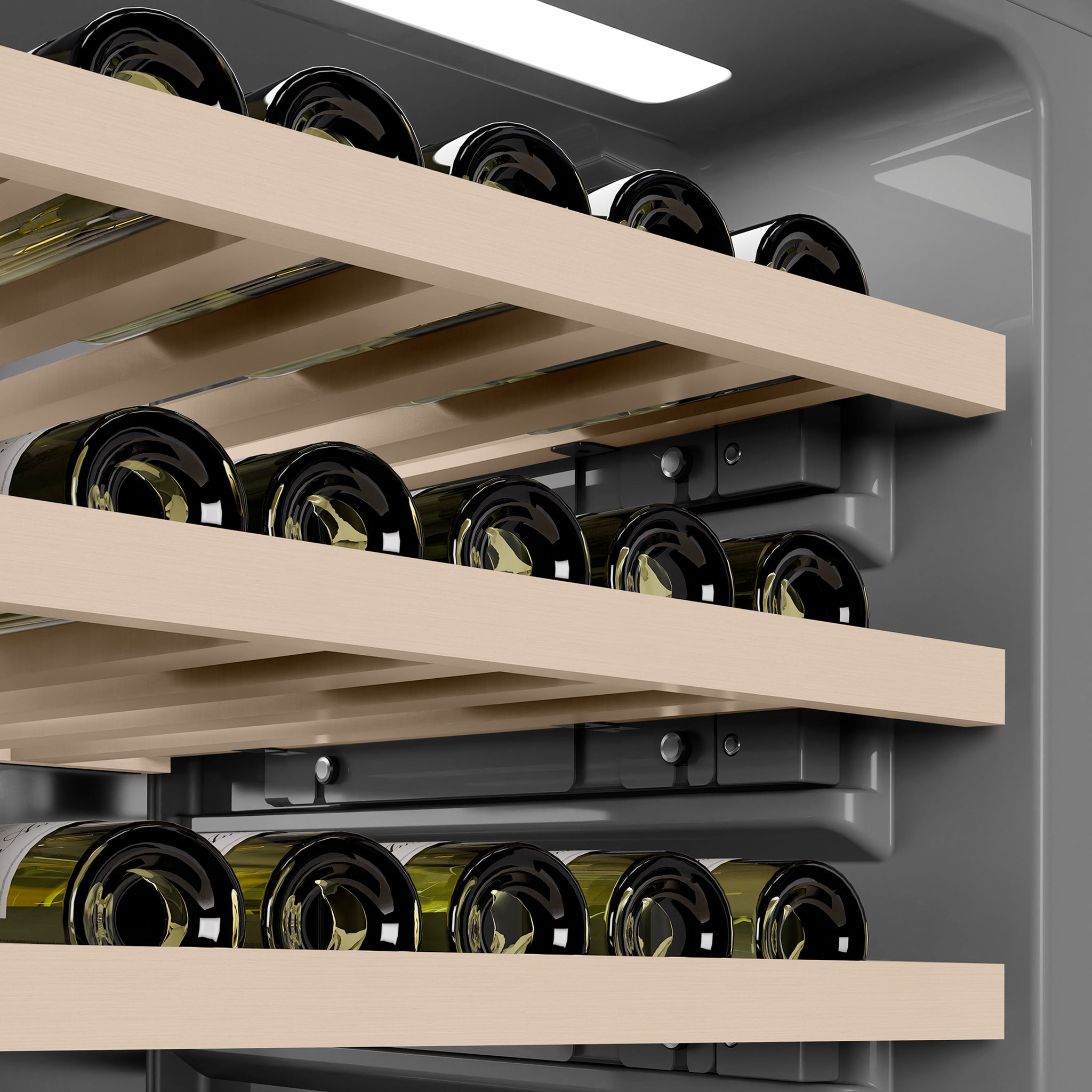 ZLINE Autograph Edition 24 in. 12.4 cu. ft. Triple Zone 100 Bottle Column Wine Cooler in Satin Stainless Steel and Champagne Bronze Accents (RCWVZ-SN-24-CB)