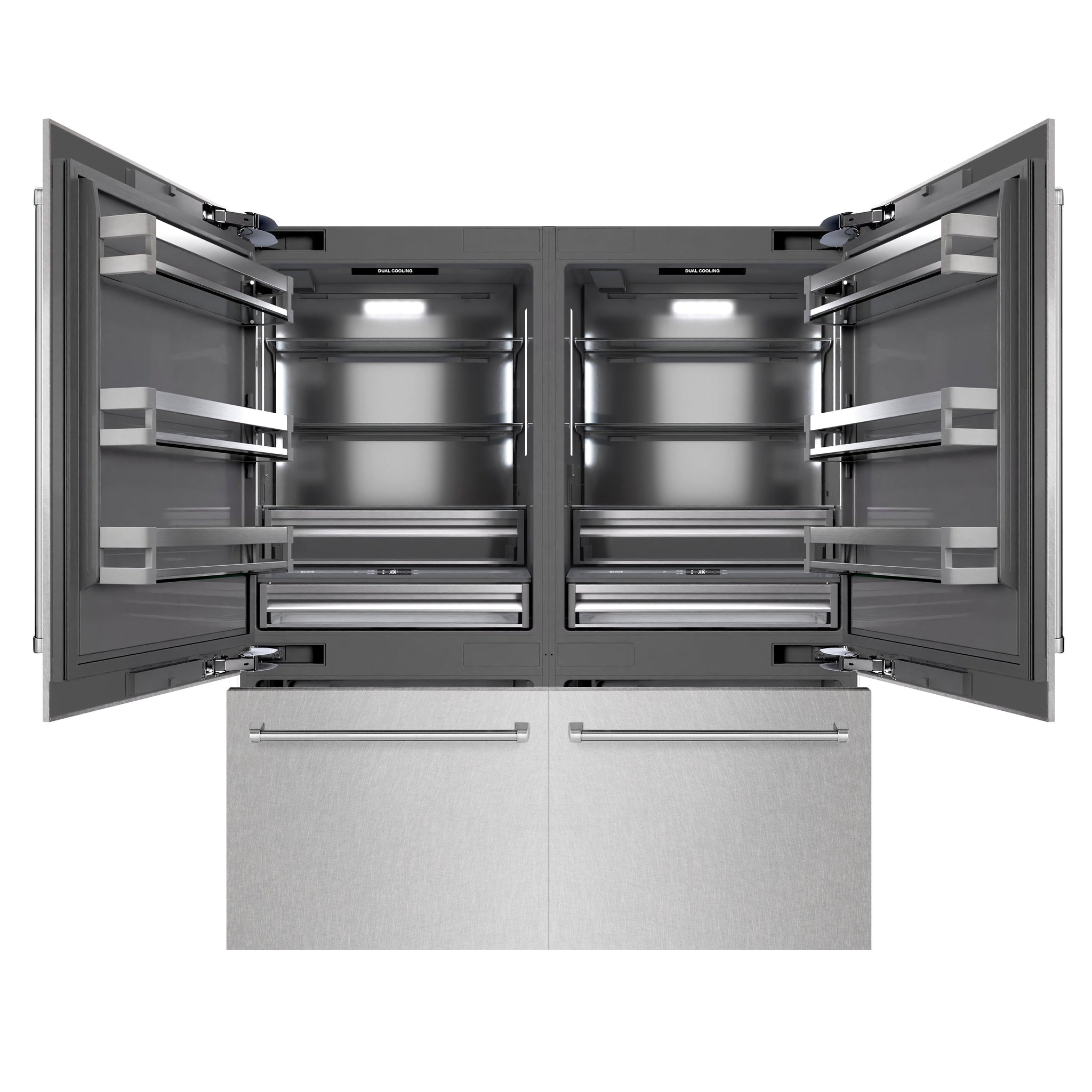 ZLINE 72 in. 39.6 cu. ft. French Door Built-In Bottom Freezer Refrigerator with Water Dispensers and Ice Makers in Satin Stainless Steel with Graphite Gray Interior (GRBIT-SN-72)