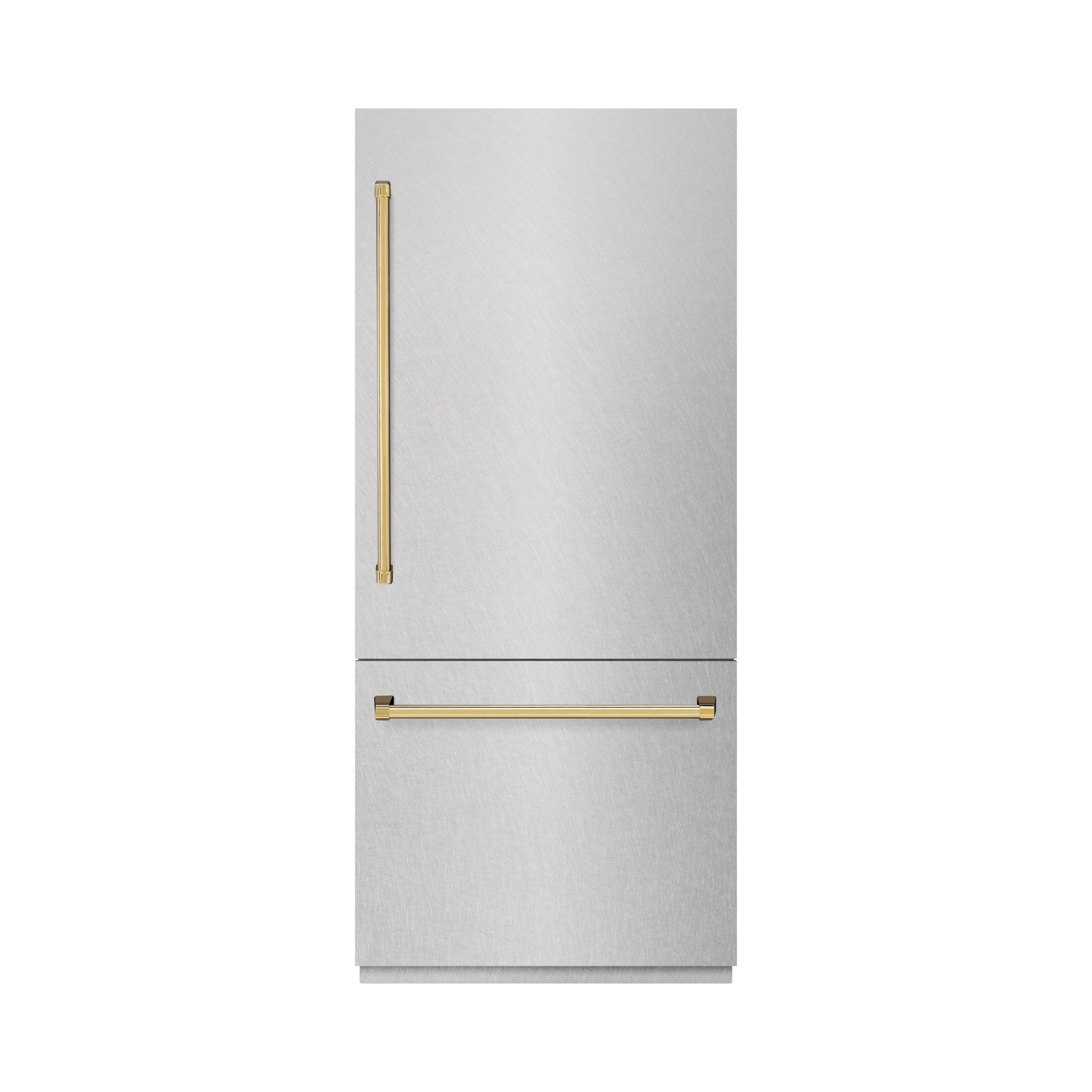 ZLINE Autograph Edition 36 in. 19.8 cu. ft. Built-In Bottom Freezer Refrigerator with Water Dispenser and Ice Maker in Satin Stainless Steel with Graphite Gray Interior and Polished Gold Accents (GRBITZ-SN-36-G)