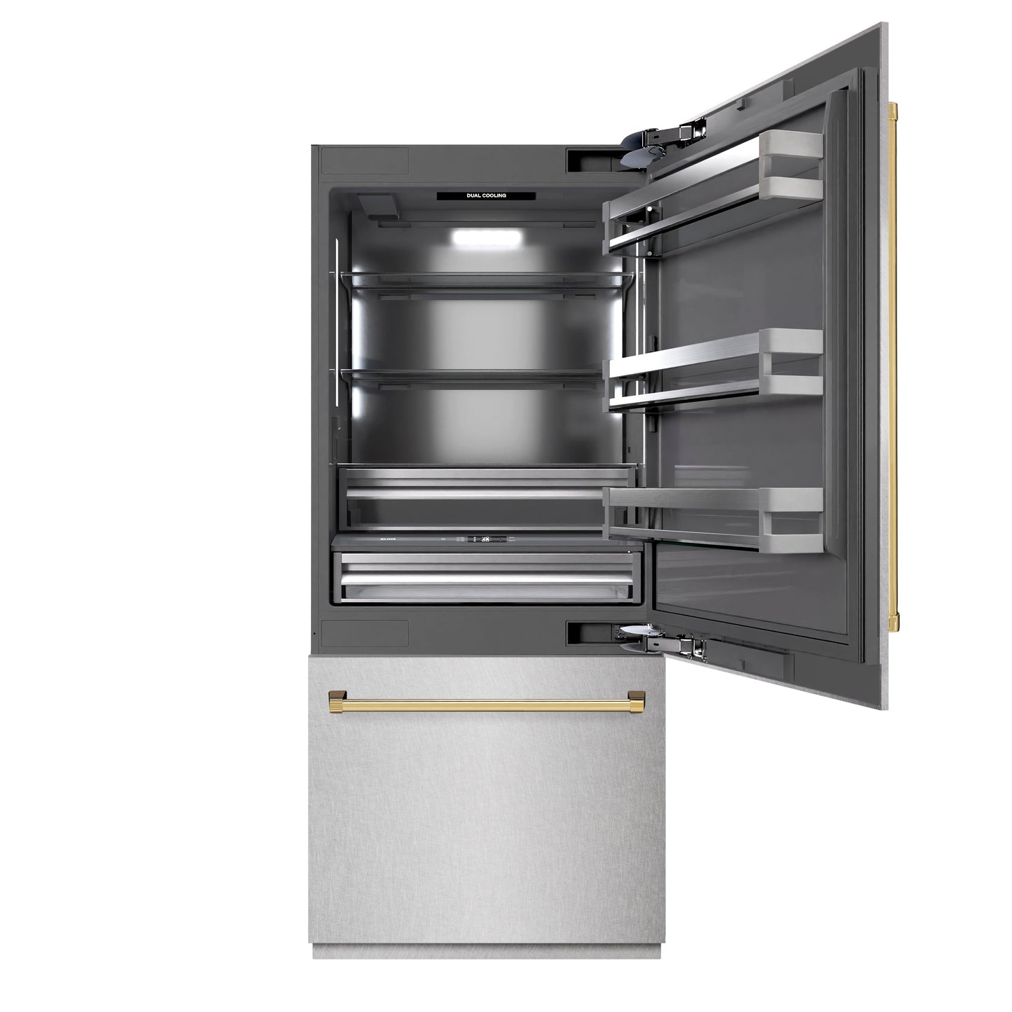 ZLINE Autograph Edition 36 in. 19.8 cu. ft. Built-In Bottom Freezer Refrigerator with Water Dispenser and Ice Maker in Satin Stainless Steel with Graphite Gray Interior and Polished Gold Accents (GRBITZ-SN-36-G)