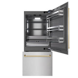 ZLINE Autograph Edition 36 in. 19.8 cu. ft. Built-In Bottom Freezer Refrigerator with Water Dispenser and Ice Maker in Satin Stainless Steel with Graphite Gray Interior and Polished Gold Accents (GRBITZ-SN-36-G)
