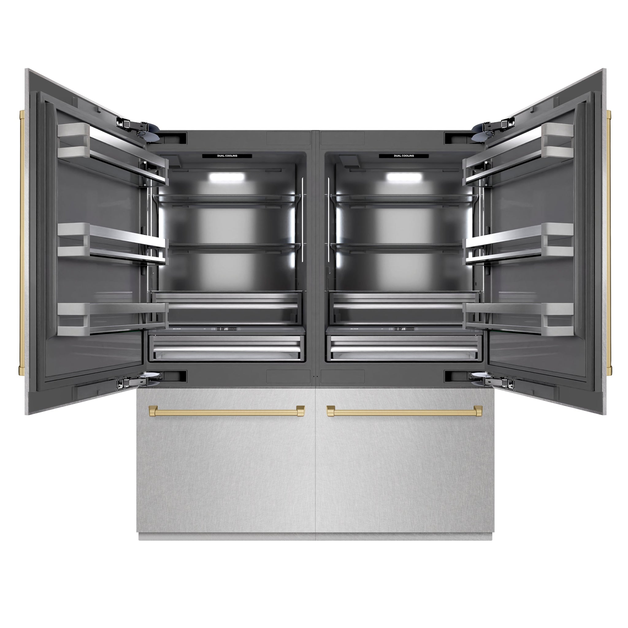ZLINE Autograph Edition 72 in. 39.6 cu. ft. French Door Built-In Bottom Freezer Refrigerator with Water Dispensers and Ice Makers in Satin Stainless Steel with Graphite Gray Interior and Champagne Bronze Accents (GRBITZ-SN-72-CB)