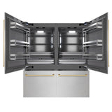 ZLINE Autograph Edition 72 in. 39.6 cu. ft. French Door Built-In Bottom Freezer Refrigerator with Water Dispensers and Ice Makers in Satin Stainless Steel with Graphite Gray Interior and Champagne Bronze Accents (GRBITZ-SN-72-CB)