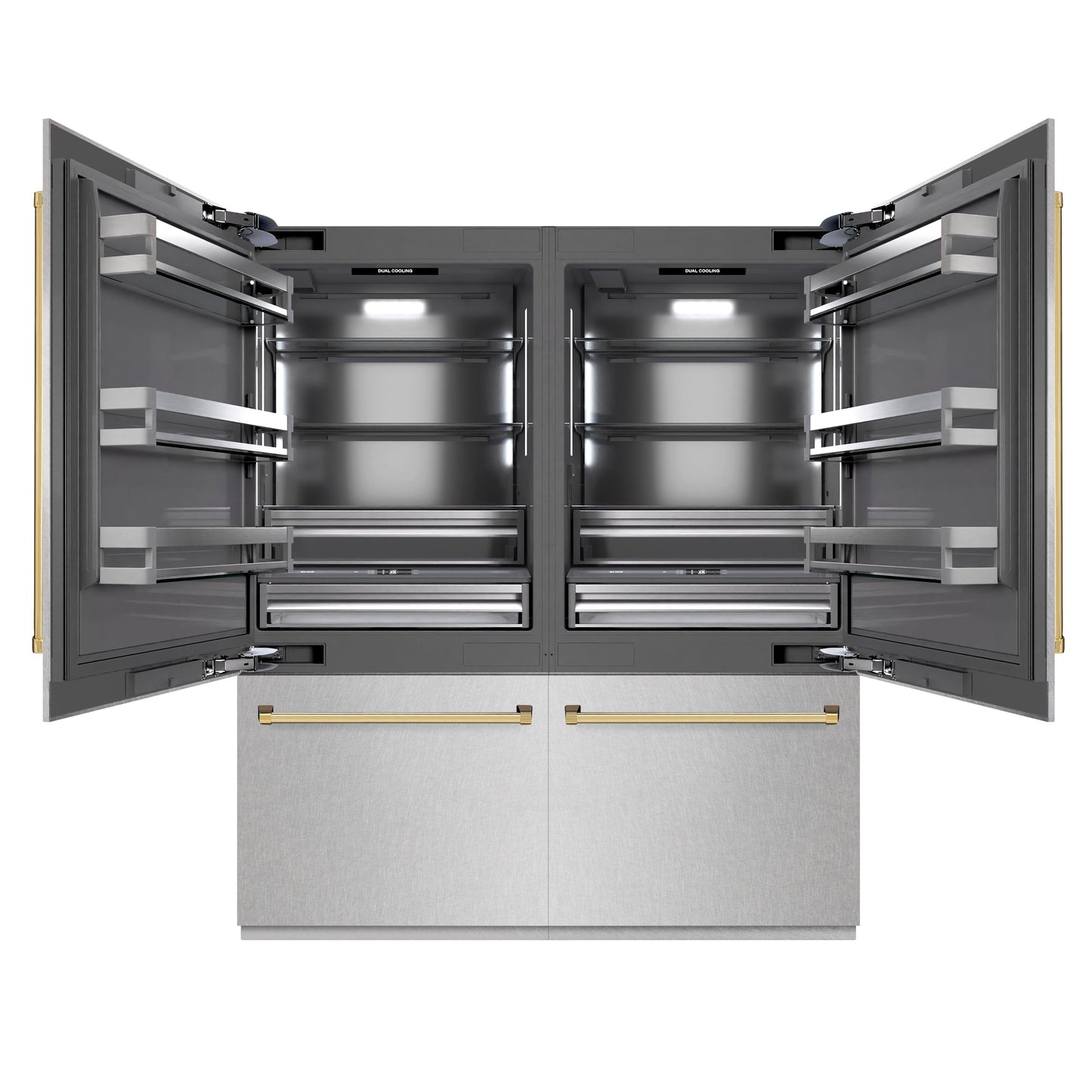 ZLINE Autograph Edition 72 in. 39.6 cu. ft. French Door Built-In Bottom Freezer Refrigerator with Water Dispensers and Ice Makers in Satin Stainless Steel with graphite Gray Interior and Polished Gold Accents (GRBITZ-SN-72-G)