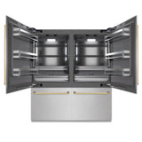 ZLINE Autograph Edition 72 in. 39.6 cu. ft. French Door Built-In Bottom Freezer Refrigerator with Water Dispensers and Ice Makers in Satin Stainless Steel with graphite Gray Interior and Polished Gold Accents (GRBITZ-SN-72-G)