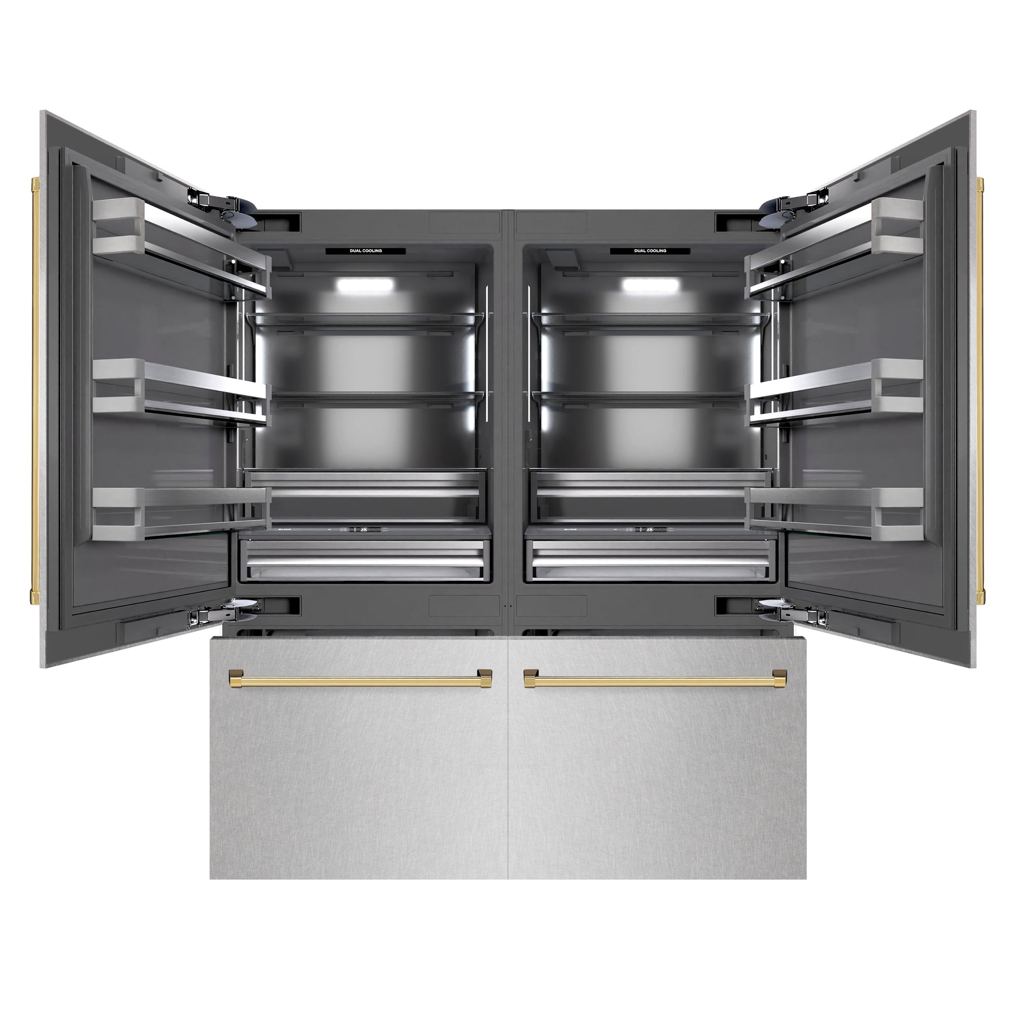 ZLINE Autograph Edition 72 in. 39.6 cu. ft. French Door Built-In Bottom Freezer Refrigerator with Water Dispensers and Ice Makers in Satin Stainless Steel with graphite Gray Interior and Polished Gold Accents (GRBITZ-SN-72-G)