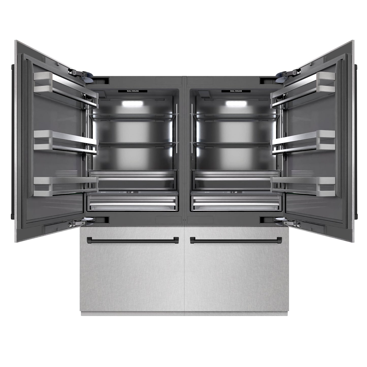 ZLINE Autograph Edition 72 in. 39.6 cu. ft. French Door Built-In Bottom Freezer Refrigerator with Water Dispensers and Ice Makers in Satin Stainless Steel with Graphite Gray Interior and Matte Black Accents (GRBITZ-SN-72-MB)