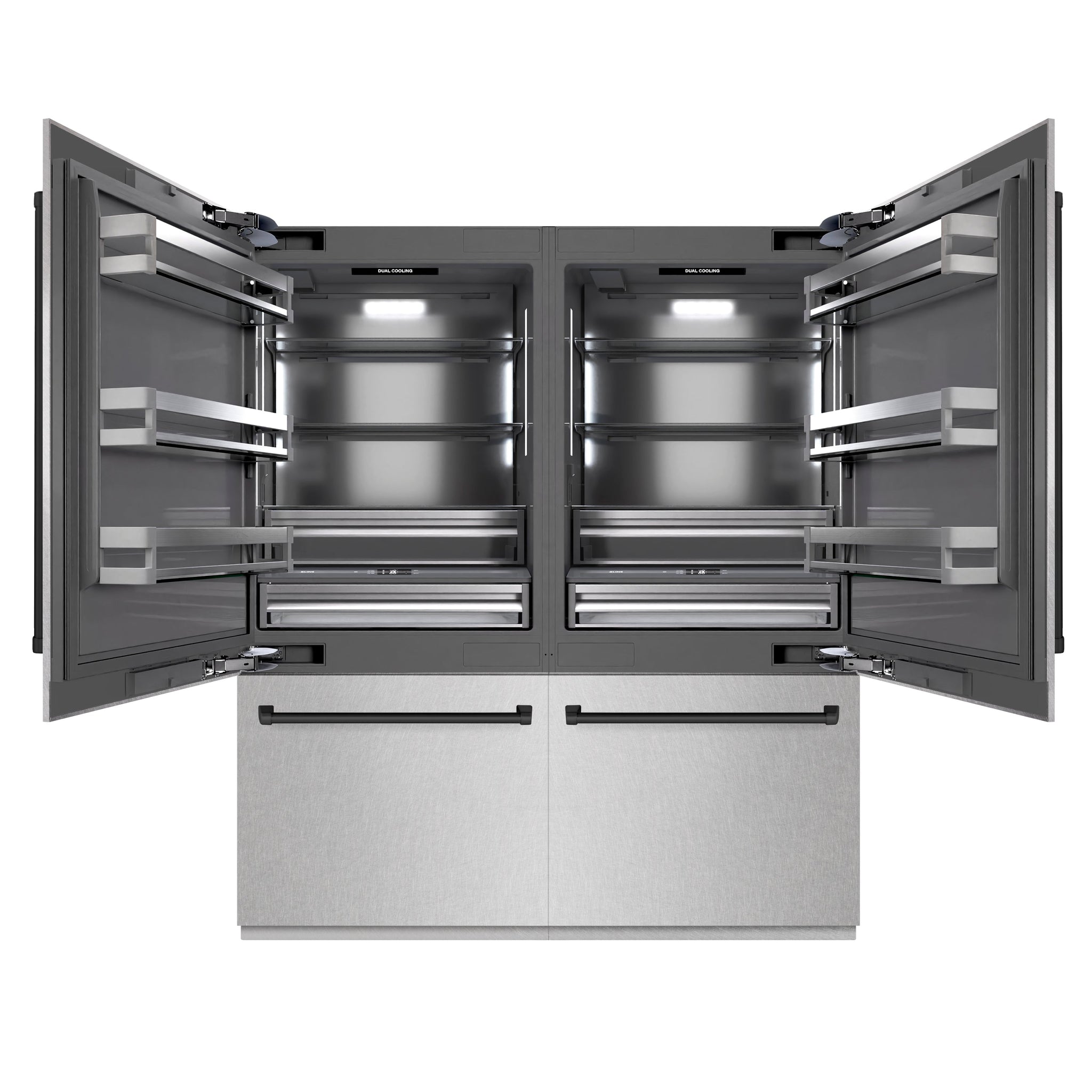 ZLINE Autograph Edition 72 in. 39.6 cu. ft. French Door Built-In Bottom Freezer Refrigerator with Water Dispensers and Ice Makers in Satin Stainless Steel with Graphite Gray Interior and Matte Black Accents (GRBITZ-SN-72-MB)