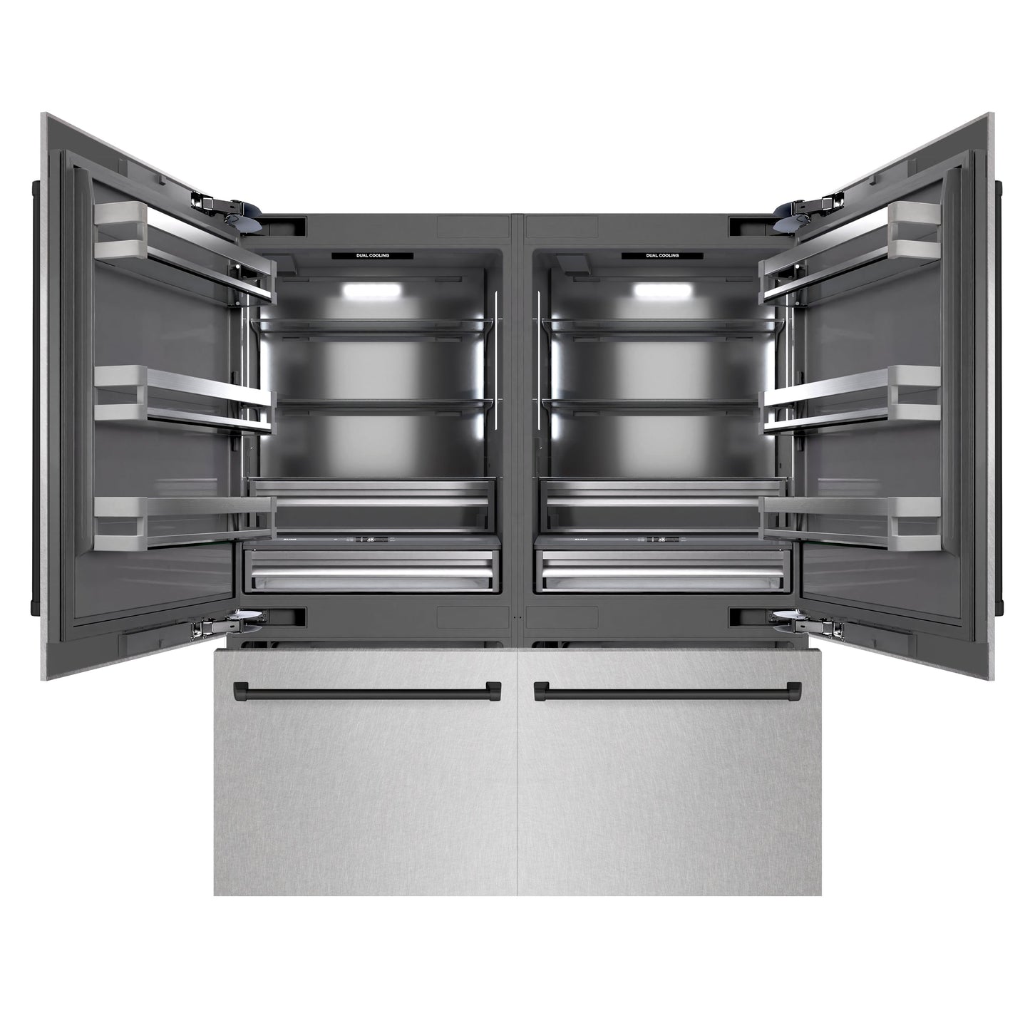 ZLINE Autograph Edition 72 in. 39.6 cu. ft. French Door Built-In Bottom Freezer Refrigerator with Water Dispensers and Ice Makers in Satin Stainless Steel with Graphite Gray Interior and Matte Black Accents (GRBITZ-SN-72-MB)