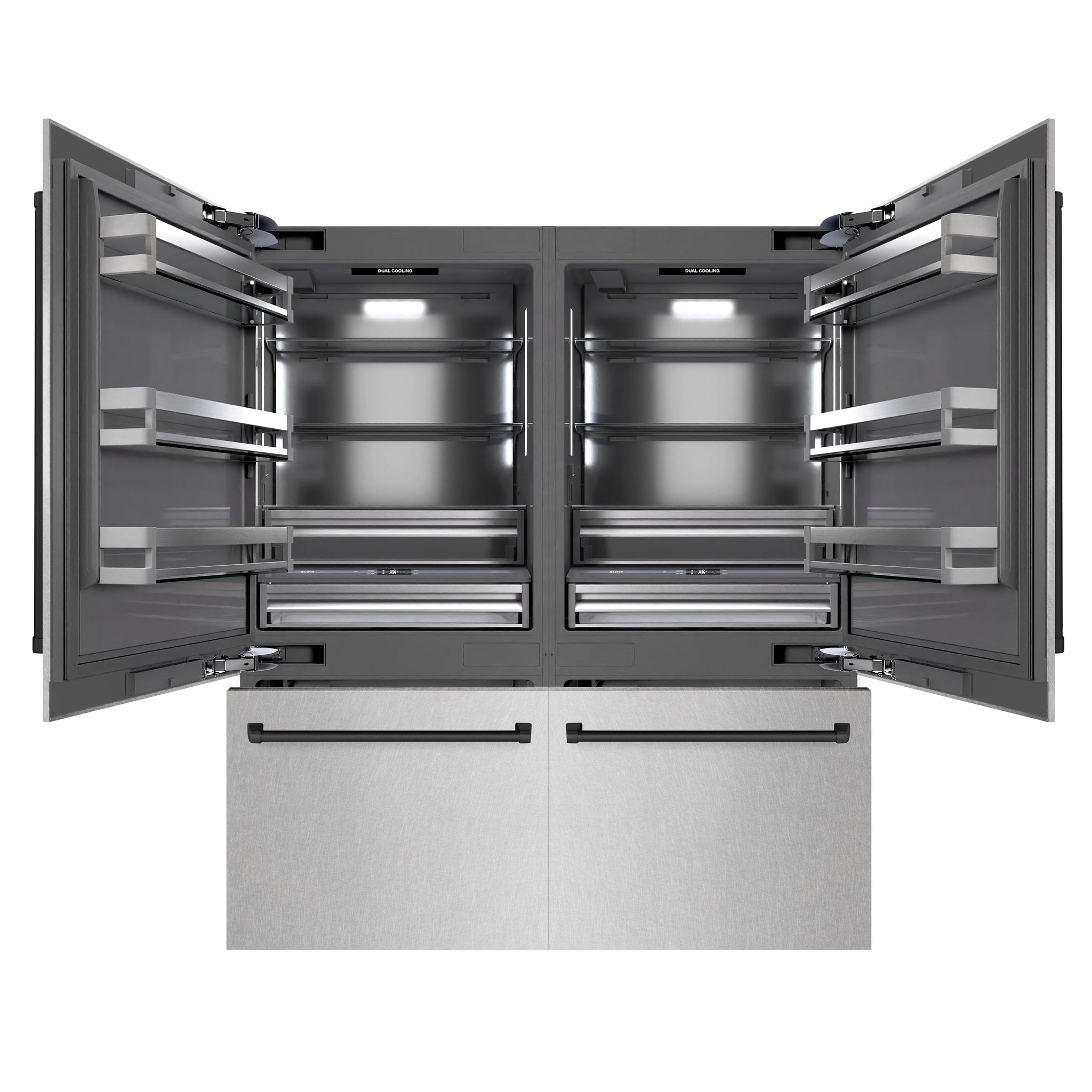 ZLINE Autograph Edition 72 in. 39.6 cu. ft. French Door Built-In Bottom Freezer Refrigerator with Water Dispensers and Ice Makers in Satin Stainless Steel with Graphite Gray Interior and Matte Black Accents (GRBITZ-SN-72-MB)