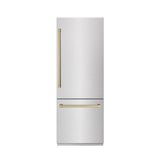 ZLINE Autograph Edition 30 in. 16.1 cu. ft. Built-In Bottom Freezer Refrigerator with Water Dispenser and Ice Maker in Satin Stainless Steel with Graphite Gray Interior and Champagne Bronze Accents (GRBIVZ-SN-30-CB)