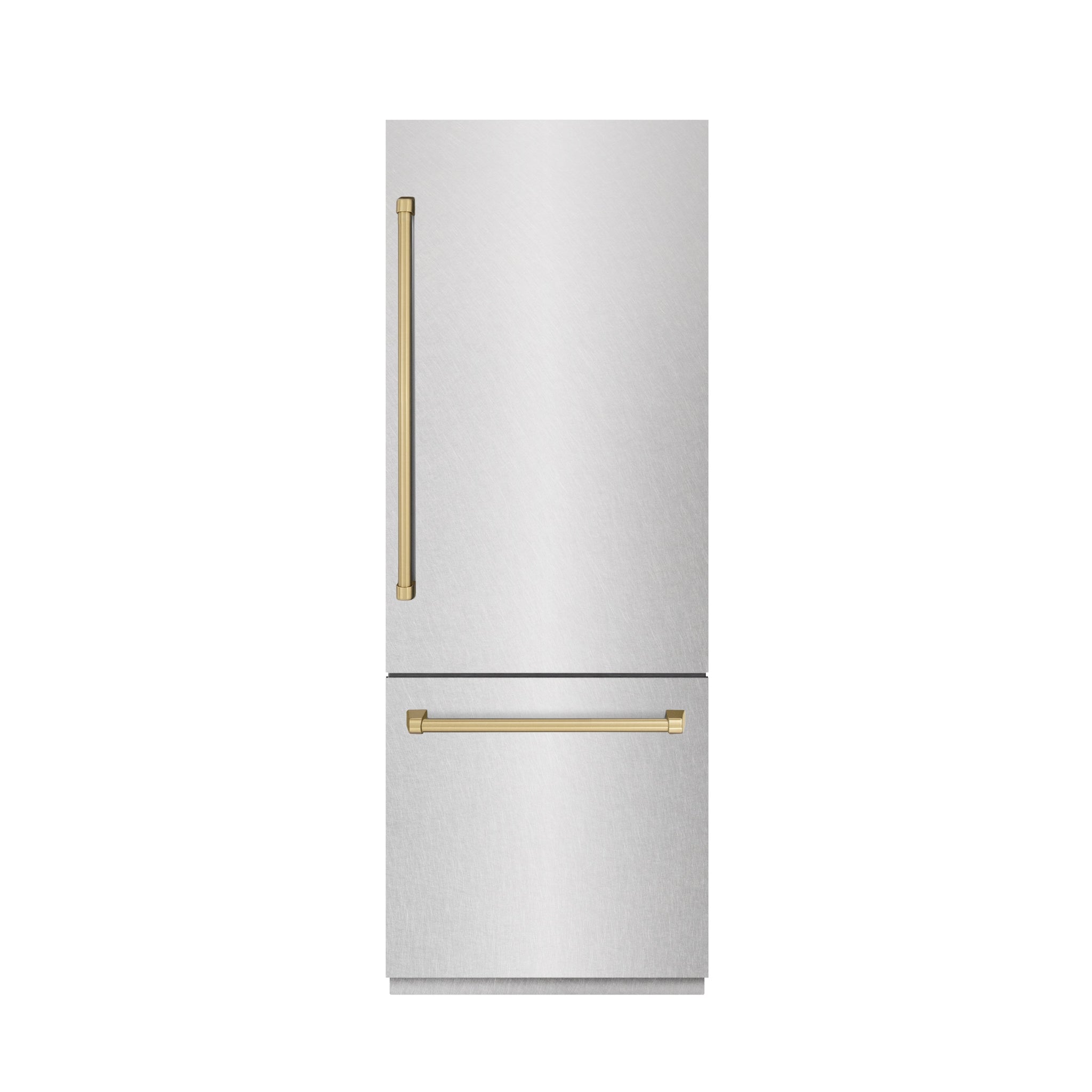 ZLINE Autograph Edition 30 in. 16.1 cu. ft. Built-In Bottom Freezer Refrigerator with Water Dispenser and Ice Maker in Satin Stainless Steel with Graphite Gray Interior and Champagne Bronze Accents (GRBIVZ-SN-30-CB)
