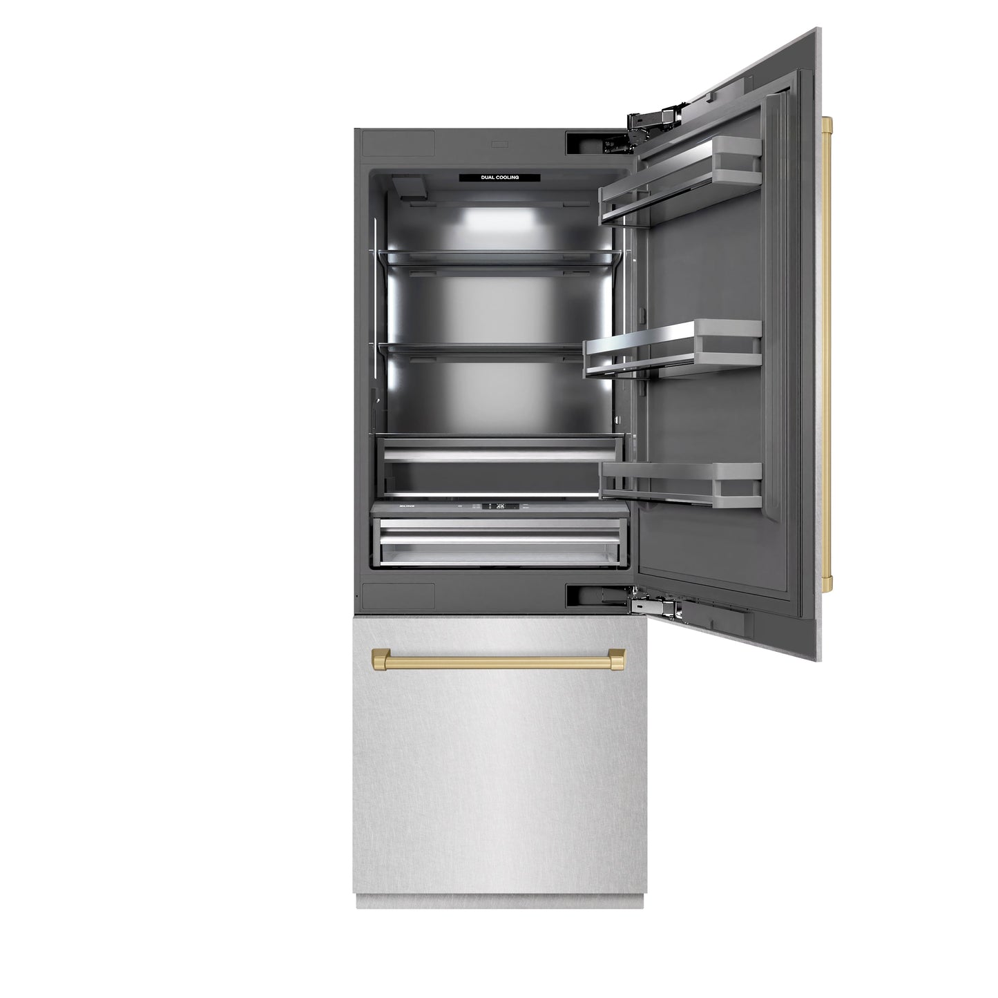ZLINE Autograph Edition 30 in. 16.1 cu. ft. Built-In Bottom Freezer Refrigerator with Water Dispenser and Ice Maker in Satin Stainless Steel with Graphite Gray Interior and Champagne Bronze Accents (GRBIVZ-SN-30-CB)