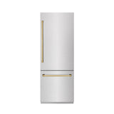 ZLINE Autograph Edition 30 in. 16.1 cu. ft. Built-In Bottom Freezer Refrigerator with Water Dispenser and Ice Maker in Satin Stainless Steel with Graphite Gray Interior and Polished Gold Accents (GRBIVZ-SN-30-G)