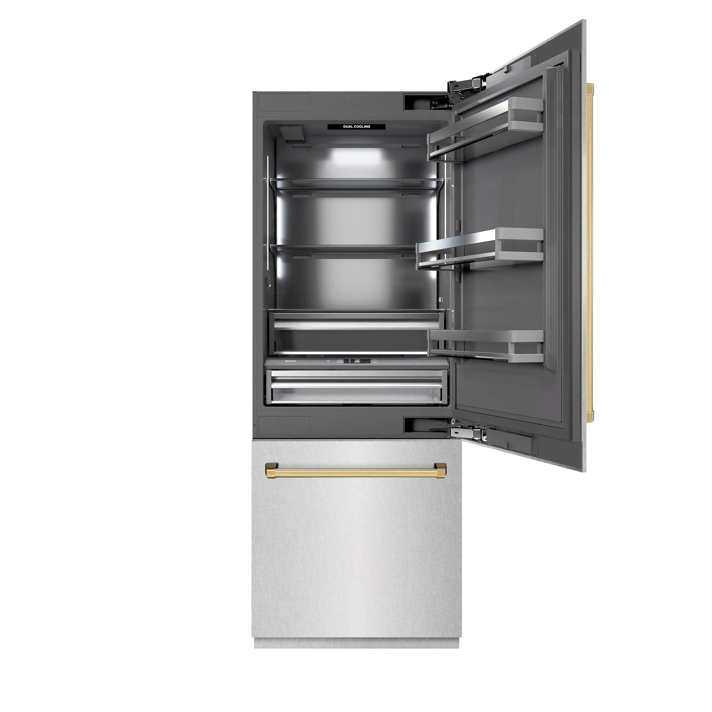 ZLINE Autograph Edition 30 in. 16.1 cu. ft. Built-In Bottom Freezer Refrigerator with Water Dispenser and Ice Maker in Satin Stainless Steel with Graphite Gray Interior and Polished Gold Accents (GRBIVZ-SN-30-G)