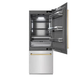 ZLINE Autograph Edition 30 in. 16.1 cu. ft. Built-In Bottom Freezer Refrigerator with Water Dispenser and Ice Maker in Satin Stainless Steel with Graphite Gray Interior and Polished Gold Accents (GRBIVZ-SN-30-G)