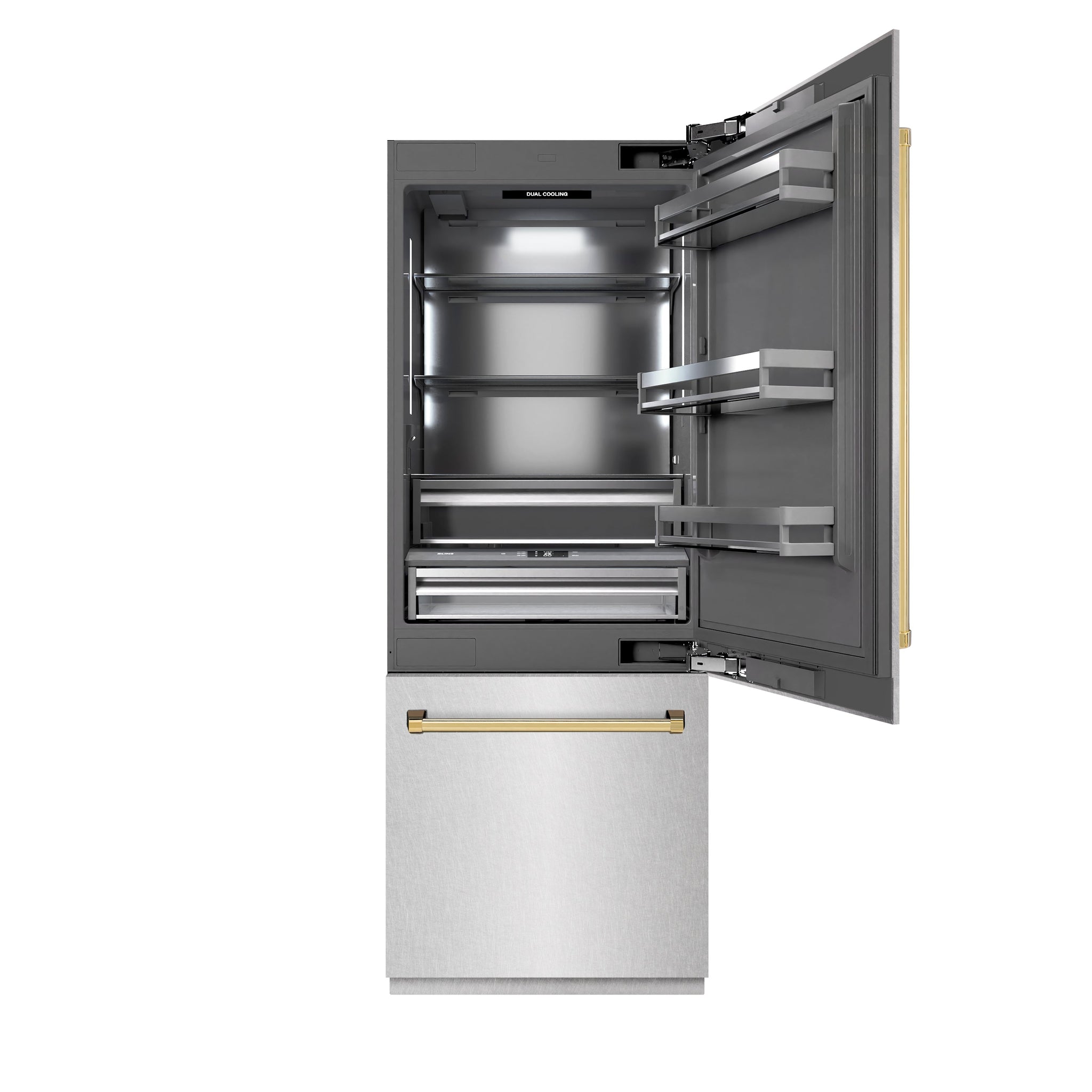 ZLINE Autograph Edition 30 in. 16.1 cu. ft. Built-In Bottom Freezer Refrigerator with Water Dispenser and Ice Maker in Satin Stainless Steel with Graphite Gray Interior and Polished Gold Accents (GRBIVZ-SN-30-G)