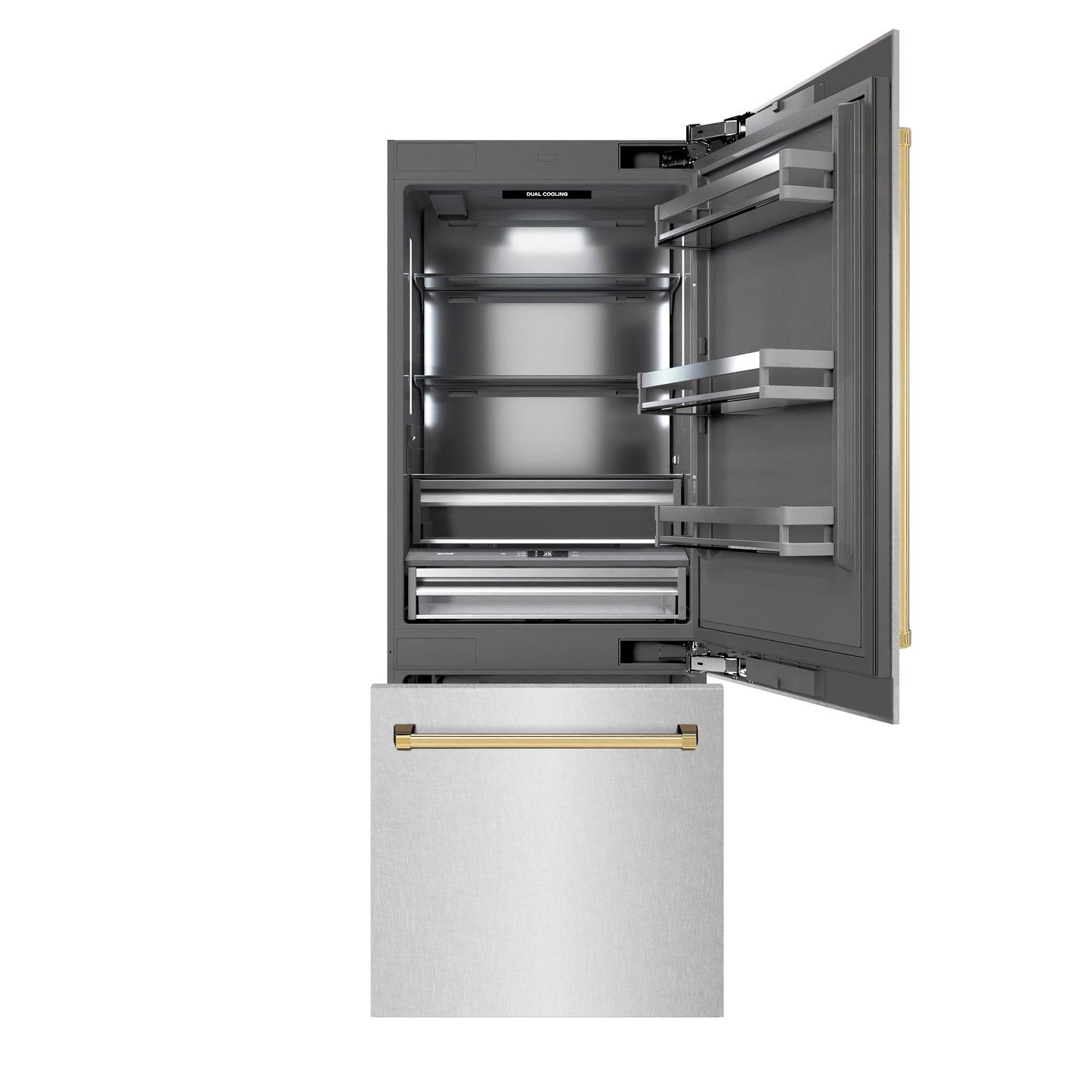 ZLINE Autograph Edition 30 in. 16.1 cu. ft. Built-In Bottom Freezer Refrigerator with Water Dispenser and Ice Maker in Satin Stainless Steel with Graphite Gray Interior and Polished Gold Accents (GRBIVZ-SN-30-G)