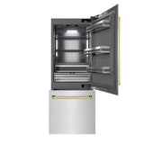 ZLINE Autograph Edition 30 in. 16.1 cu. ft. Built-In Bottom Freezer Refrigerator with Water Dispenser and Ice Maker in Satin Stainless Steel with Graphite Gray Interior and Polished Gold Accents (GRBIVZ-SN-30-G)