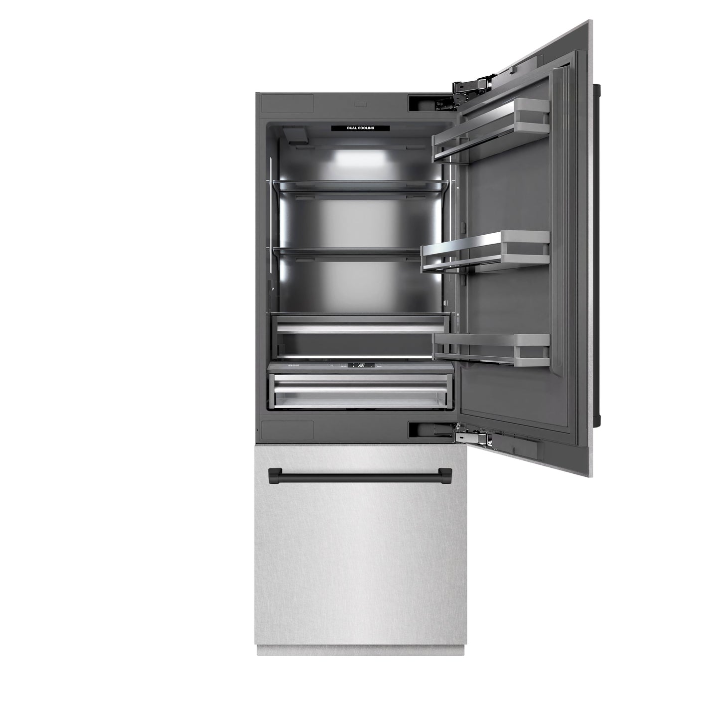 ZLINE Autograph Edition 30 in. 16.1 cu. ft. Built-In Bottom Freezer Refrigerator with Water Dispenser and Ice Maker in Satin Stainless Steel with Graphite Gray Interior and Matte Black Accents (GRBIVZ-SN-30-MB)