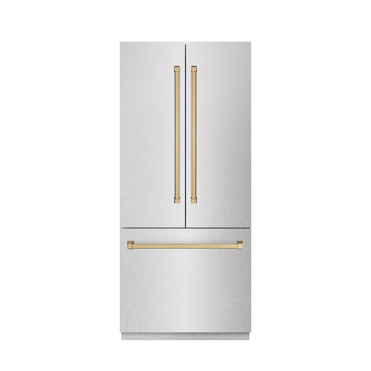 ZLINE Autograph Edition 36 in. 19.6 cu. ft. French Door Built-In Bottom Freezer Refrigerator with Water Dispenser and Ice Maker in Satin Stainless Steel with Graphite Gray Interior and Champagne Bronze Accents (GRBIVZ-SN-36-CB)