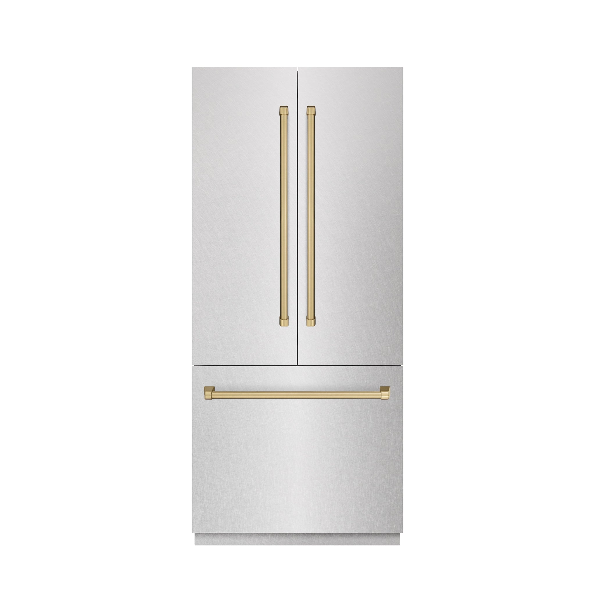 ZLINE Autograph Edition 36 in. 19.6 cu. ft. French Door Built-In Bottom Freezer Refrigerator with Water Dispenser and Ice Maker in Satin Stainless Steel with Graphite Gray Interior and Champagne Bronze Accents (GRBIVZ-SN-36-CB)