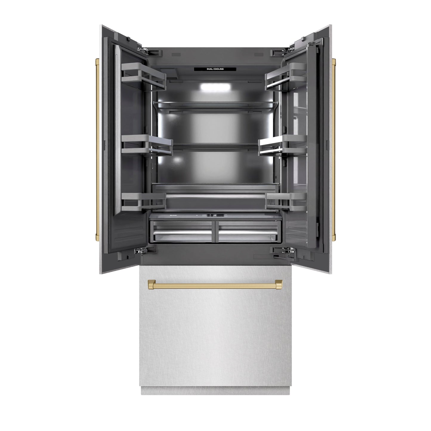 ZLINE Autograph Edition 36 in. 19.6 cu. ft. French Door Built-In Bottom Freezer Refrigerator with Water Dispenser and Ice Maker in Satin Stainless Steel with Graphite Gray Interior and Champagne Bronze Accents (GRBIVZ-SN-36-CB)