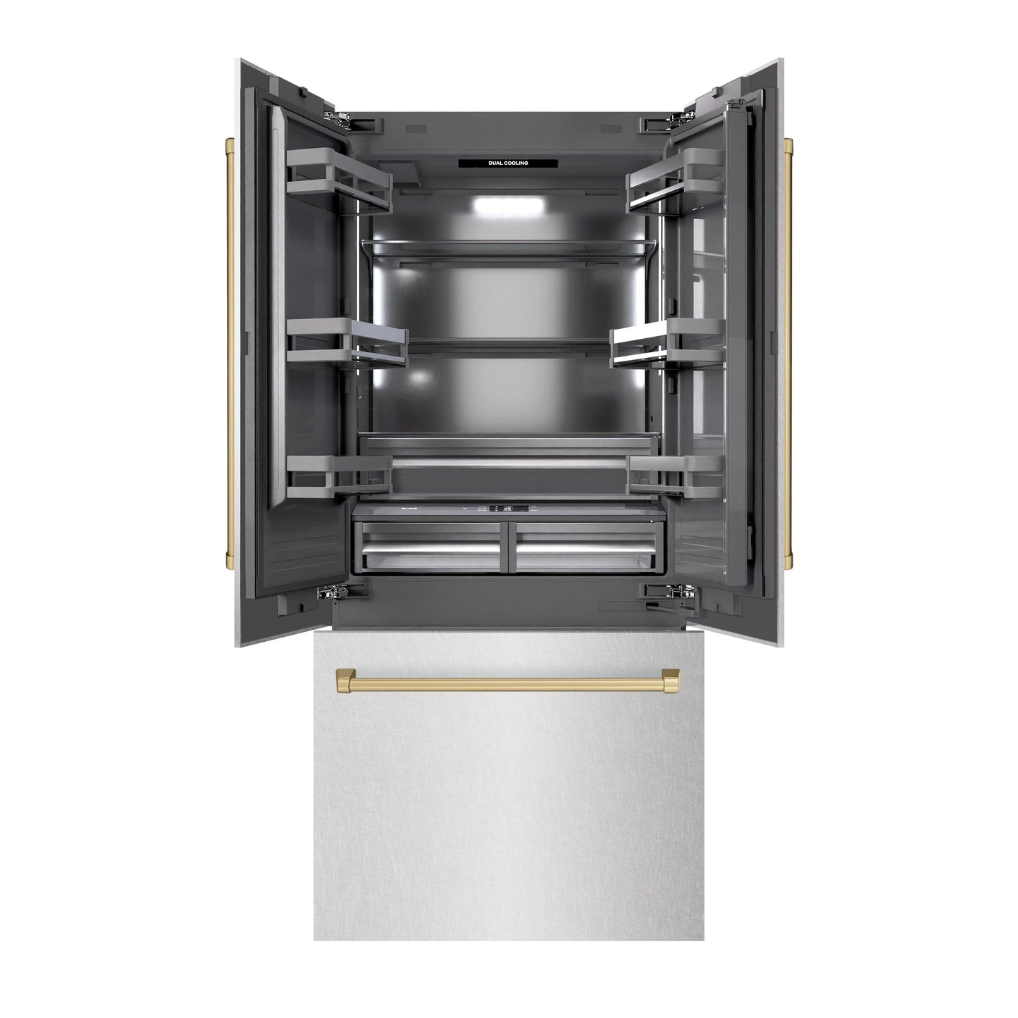 ZLINE Autograph Edition 36 in. 19.6 cu. ft. French Door Built-In Bottom Freezer Refrigerator with Water Dispenser and Ice Maker in Satin Stainless Steel with Graphite Gray Interior and Champagne Bronze Accents (GRBIVZ-SN-36-CB)