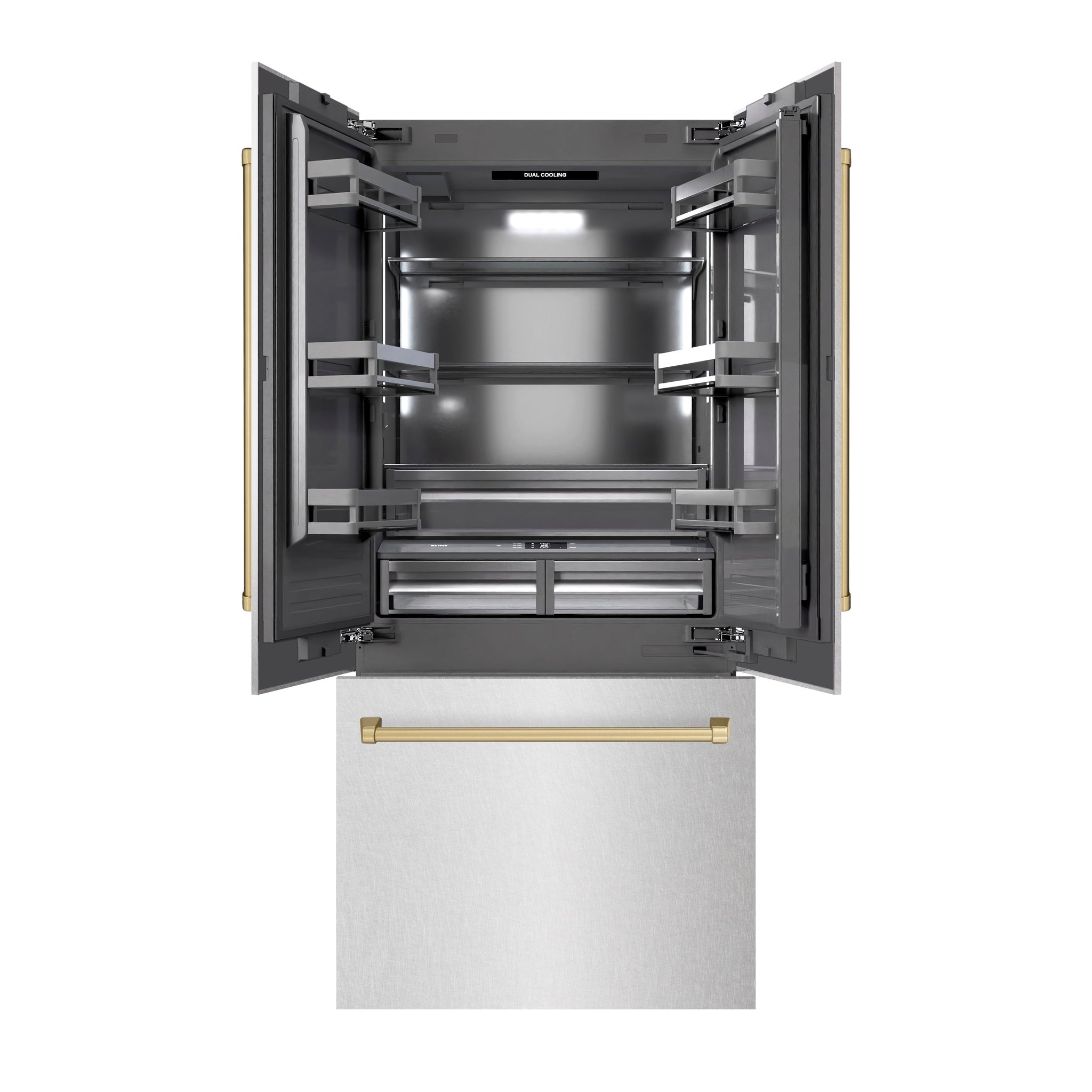 ZLINE Autograph Edition 36 in. 19.6 cu. ft. French Door Built-In Bottom Freezer Refrigerator with Water Dispenser and Ice Maker in Satin Stainless Steel with Graphite Gray Interior and Champagne Bronze Accents (GRBIVZ-SN-36-CB)