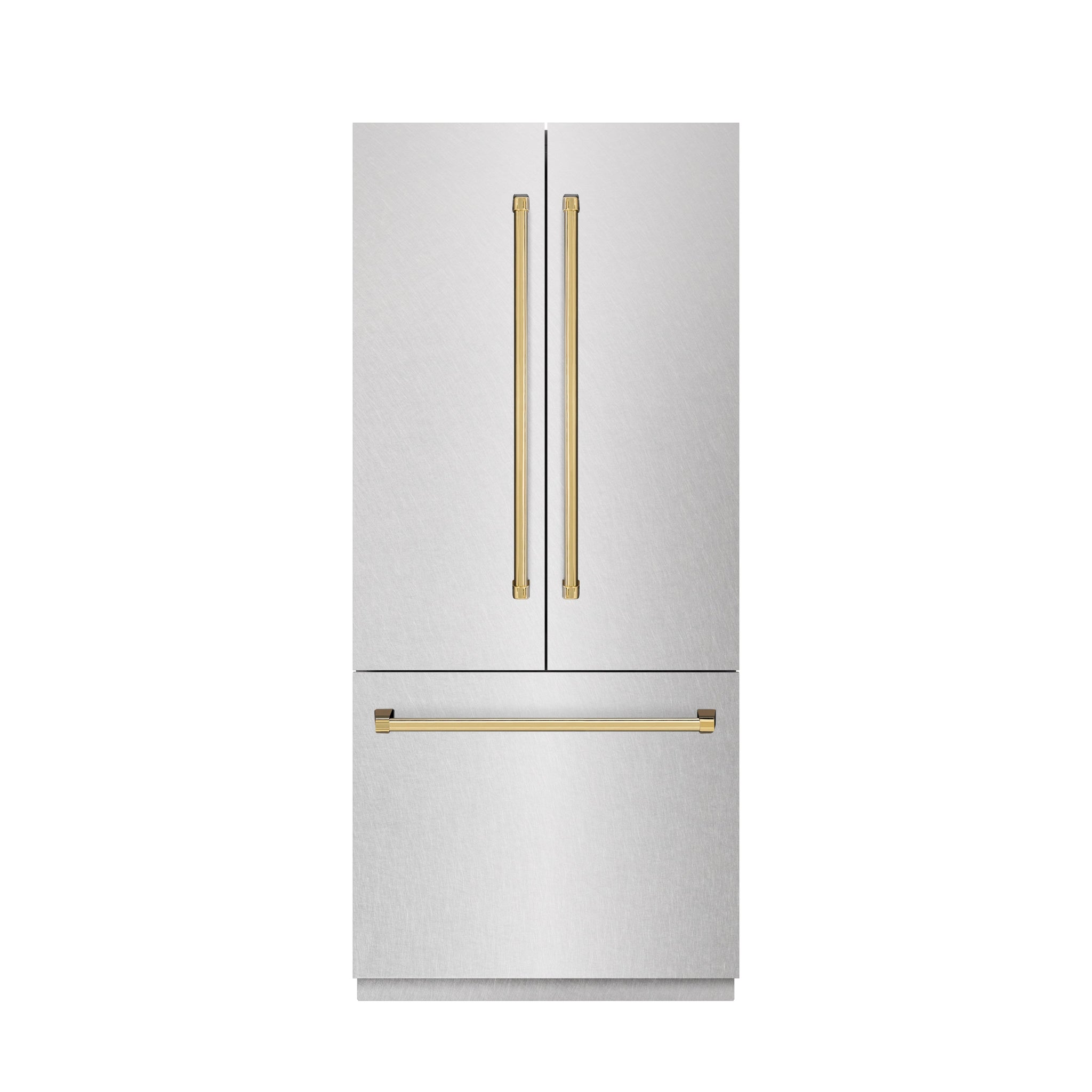 ZLINE Autograph Edition 36 in. 19.6 cu. ft. French Door Built-In Bottom Freezer Refrigerator with Water Dispenser and Ice Maker in Satin Stainless Steel with Graphite Gray Interior and Polished Gold Accents (GRBIVZ-SN-36-G)