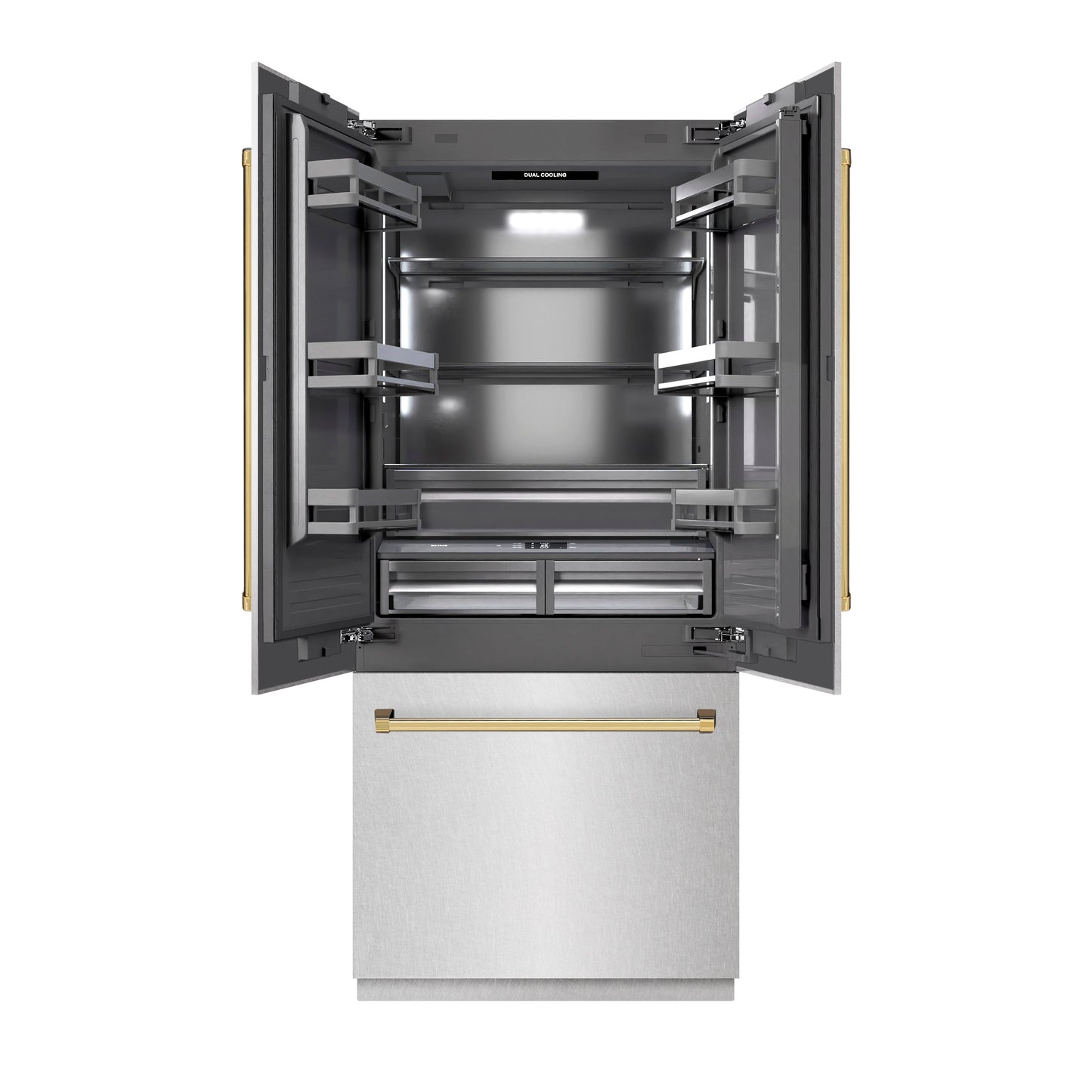 ZLINE Autograph Edition 36 in. 19.6 cu. ft. French Door Built-In Bottom Freezer Refrigerator with Water Dispenser and Ice Maker in Satin Stainless Steel with Graphite Gray Interior and Polished Gold Accents (GRBIVZ-SN-36-G)