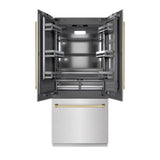 ZLINE Autograph Edition 36 in. 19.6 cu. ft. French Door Built-In Bottom Freezer Refrigerator with Water Dispenser and Ice Maker in Satin Stainless Steel with Graphite Gray Interior and Polished Gold Accents (GRBIVZ-SN-36-G)